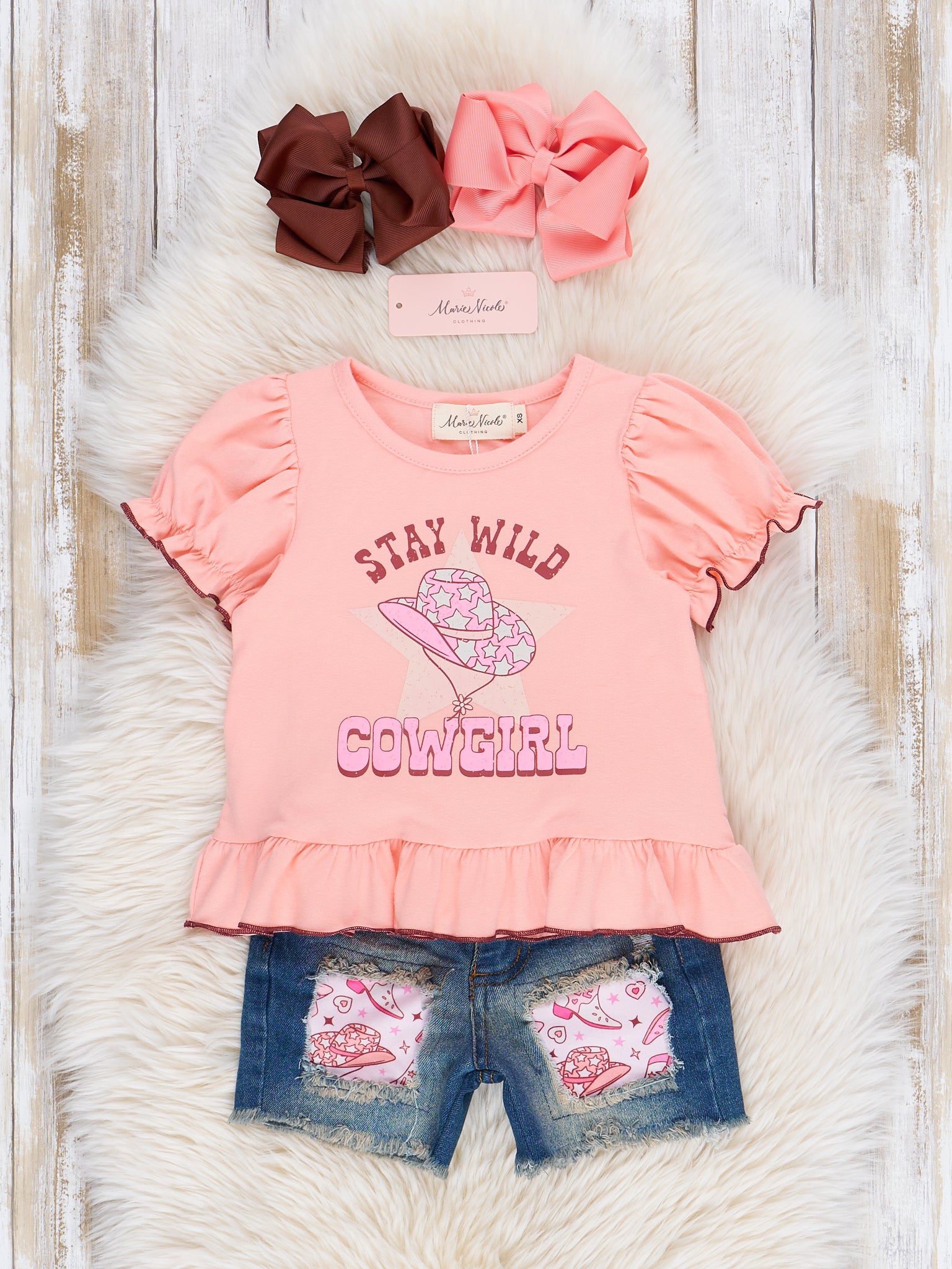 Peach Cowgirl Ruffle Denim Outfit - Marie Nicole Clothing