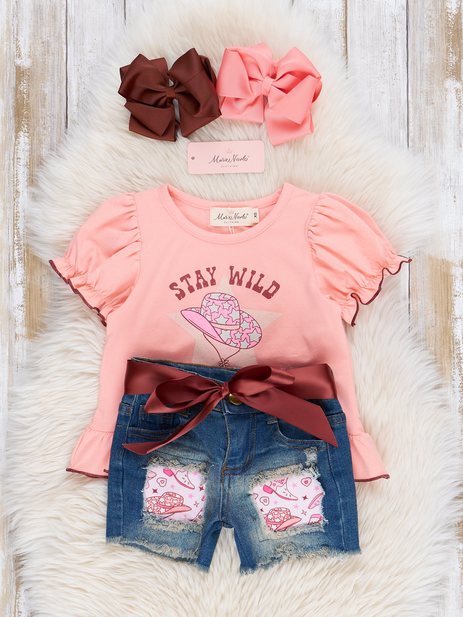 Peach Cowgirl Ruffle Denim Outfit - Marie Nicole Clothing