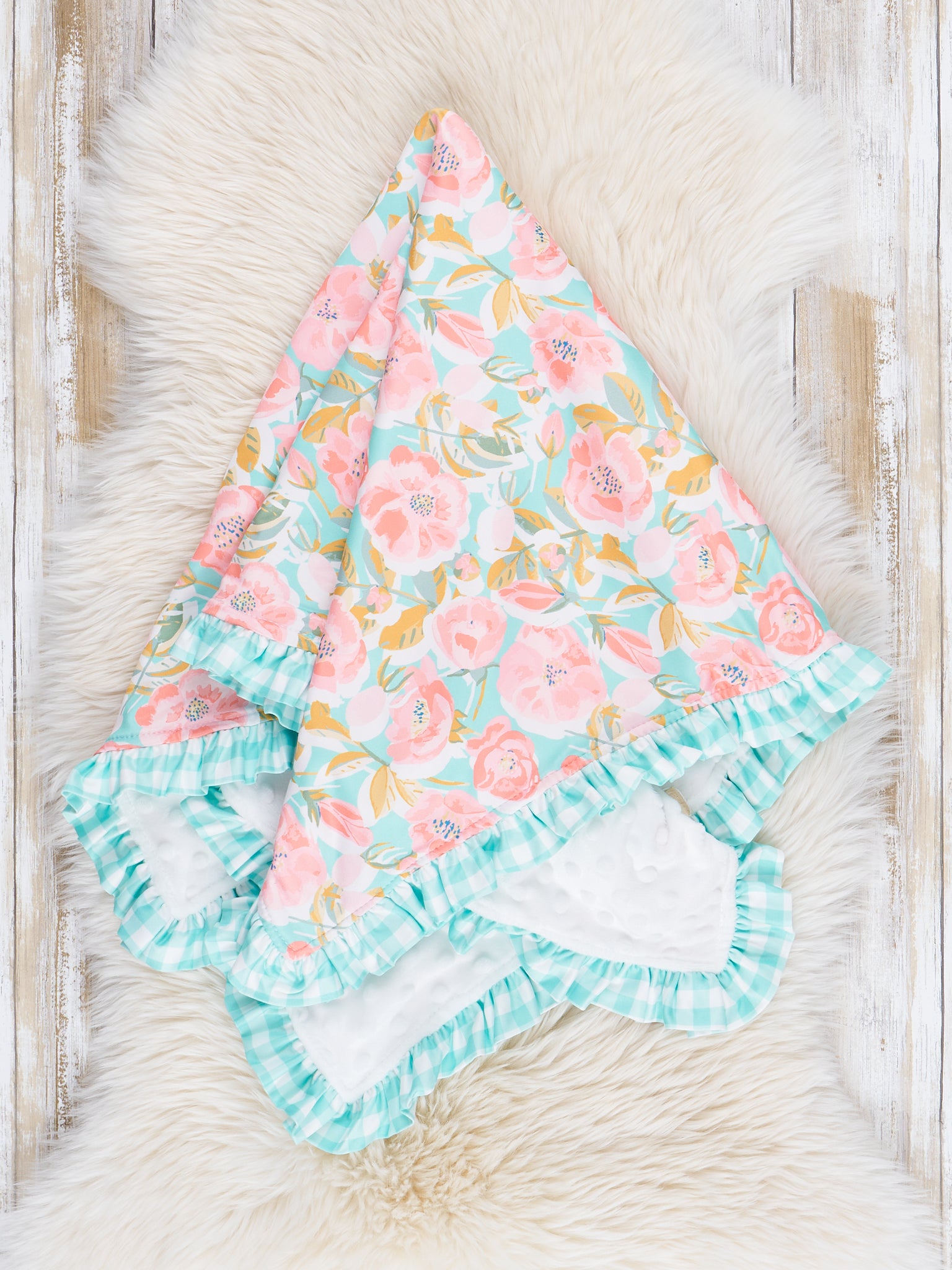 Teal Watercolor Bouquets Ruffle Minky Blanket - Marie Nicole Clothing