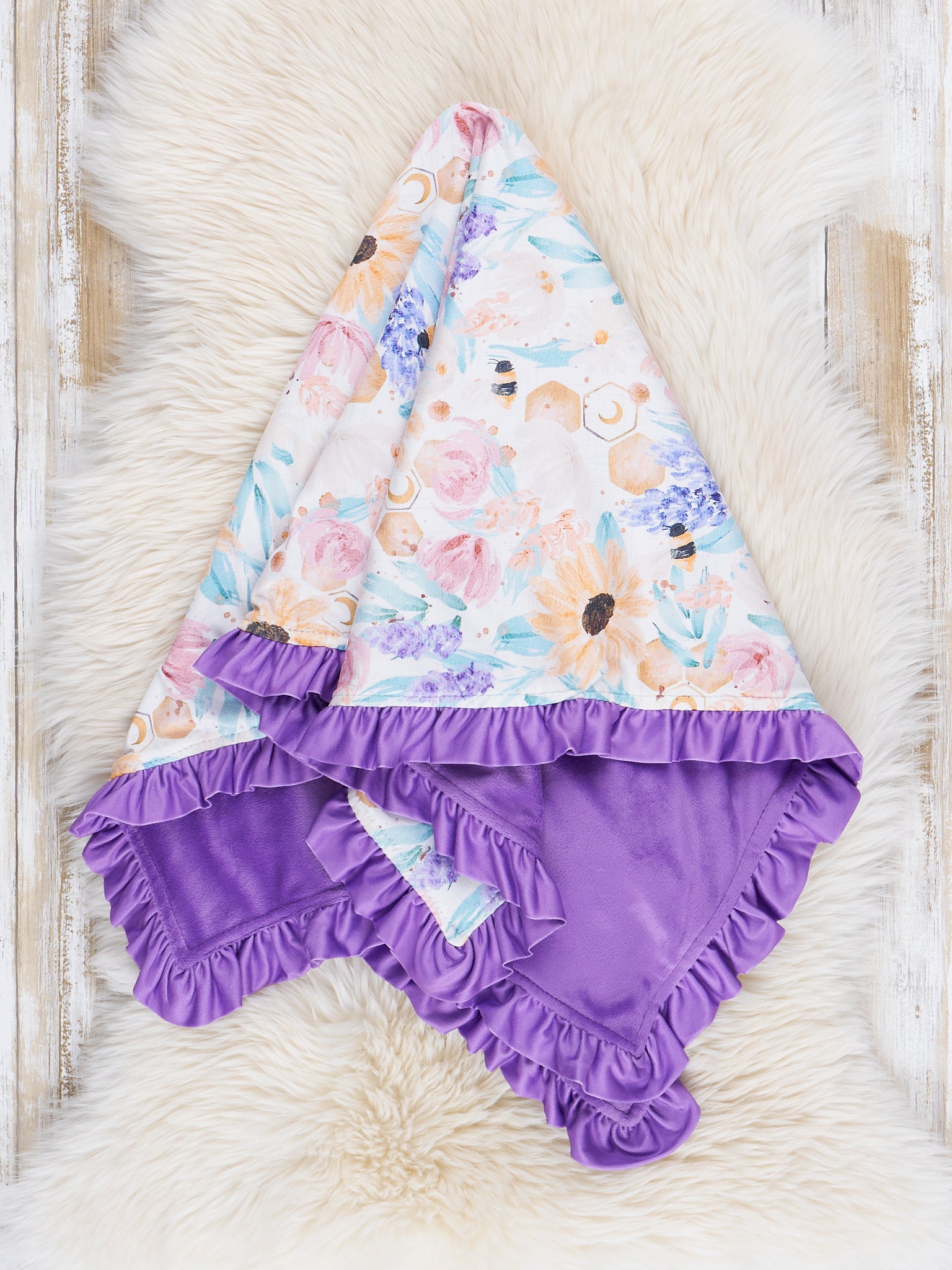 Violet Watercolor Bouquets Ruffle Minky Blanket - Marie Nicole Clothing