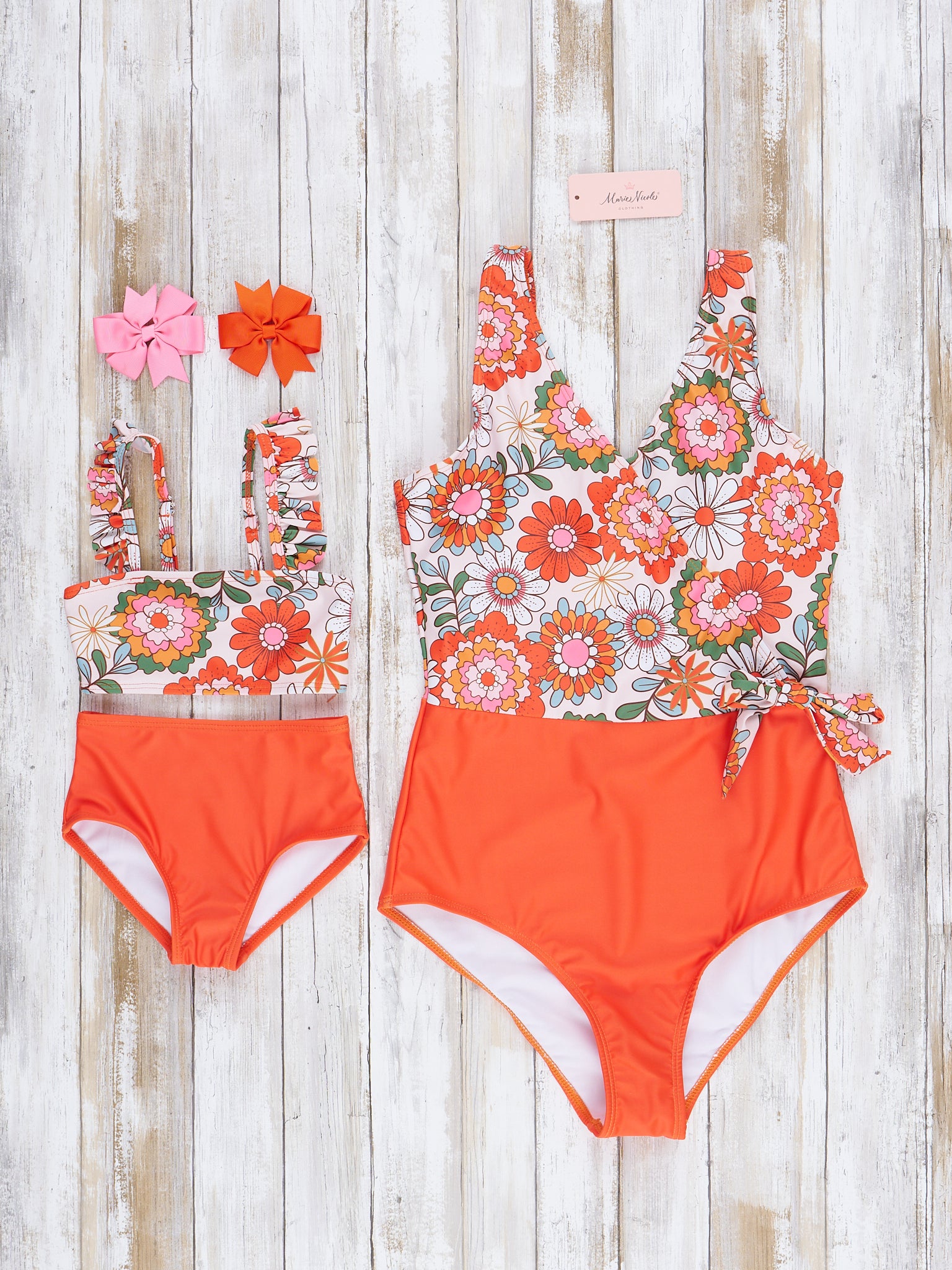 Mom & Me Orange Retro Blooms Swimsuit - Marie Nicole Clothing