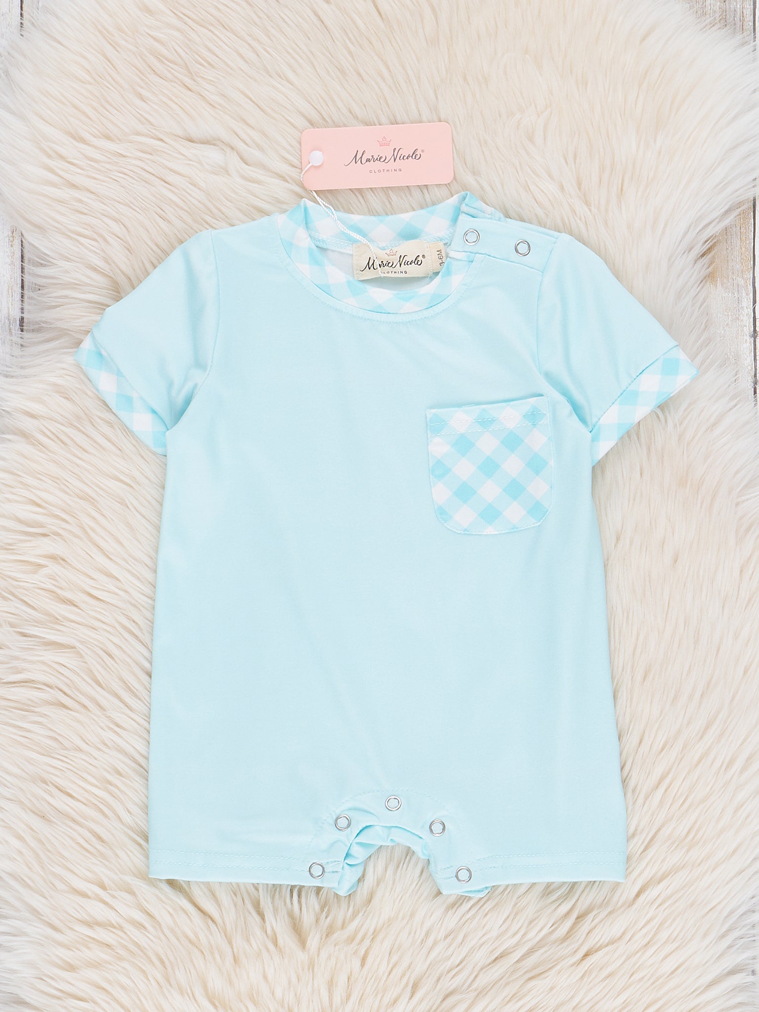 Powder Blue Gingham Romper - Marie Nicole Clothing
