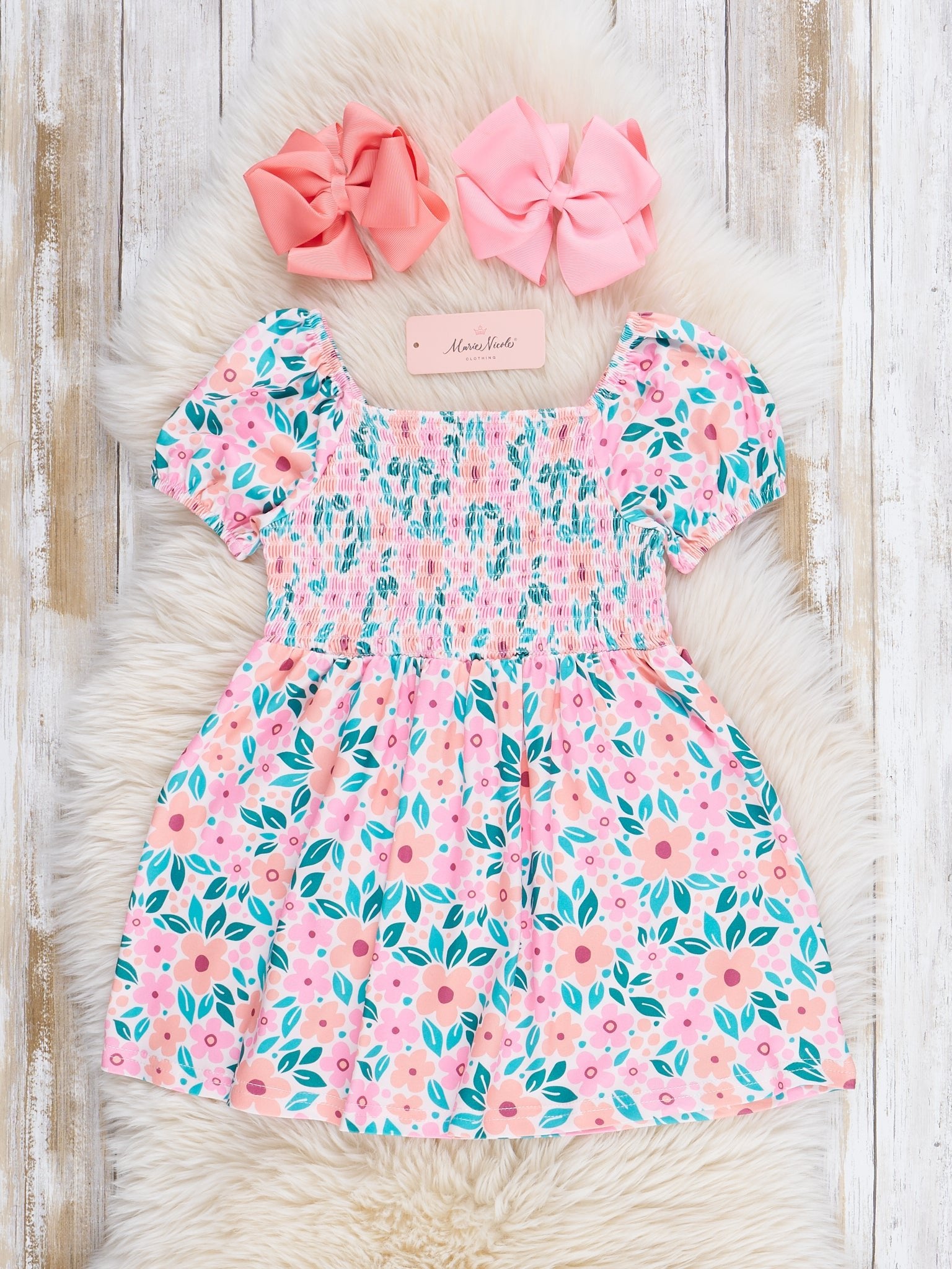 Peach & Pink Blooms Smocked Ruffle Dress - Marie Nicole Clothing