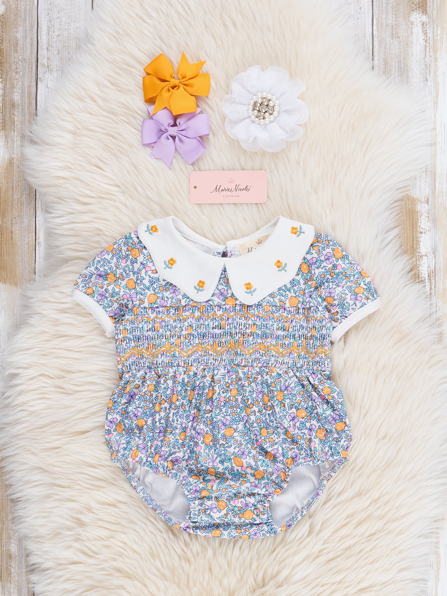 Tulip Garden Smocked Ruffle Bubble Romper - Marie Nicole Clothing