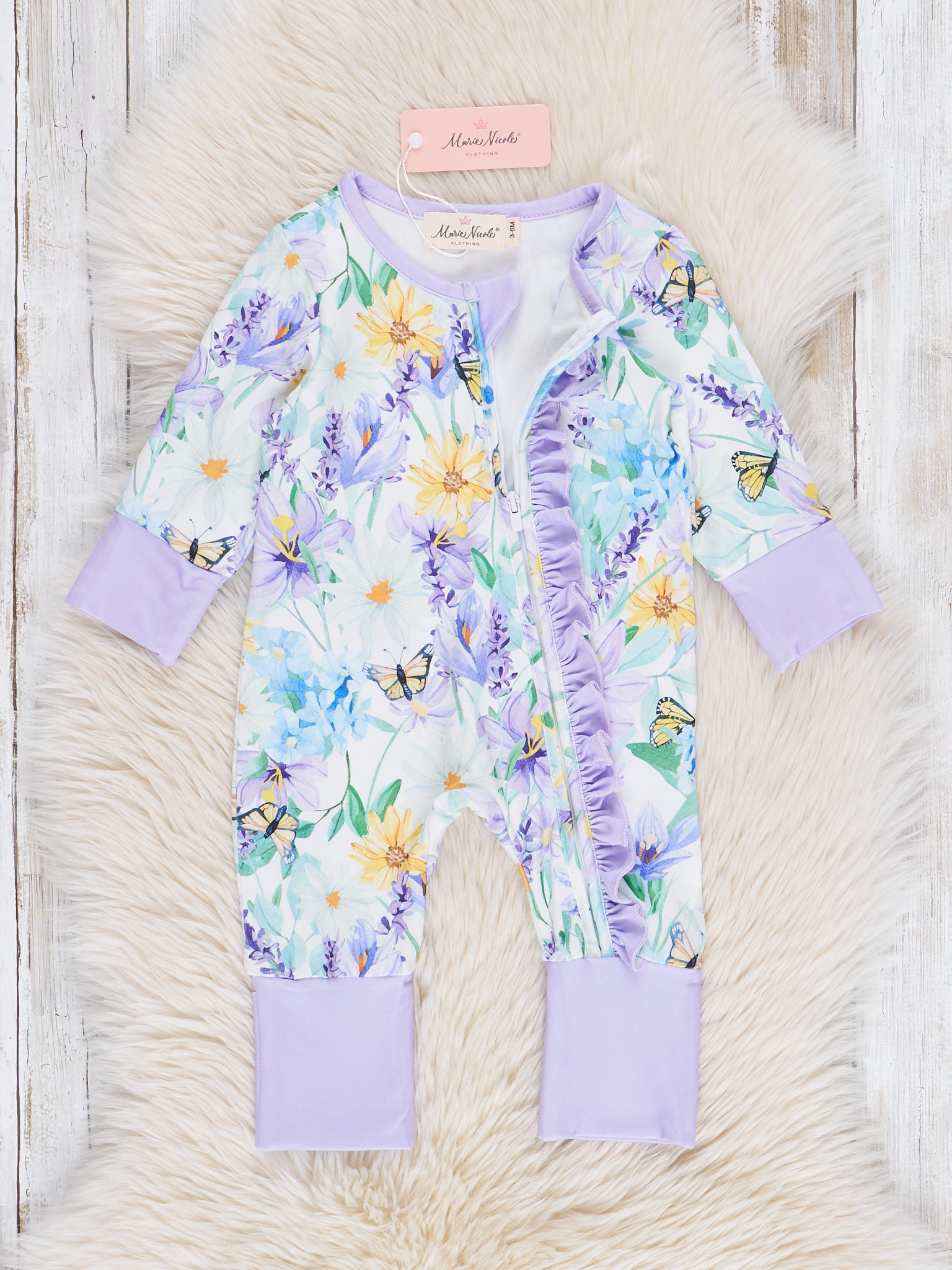 Lavender Daisy Garden Ruffle Sleeper Pajamas - Marie Nicole Clothing