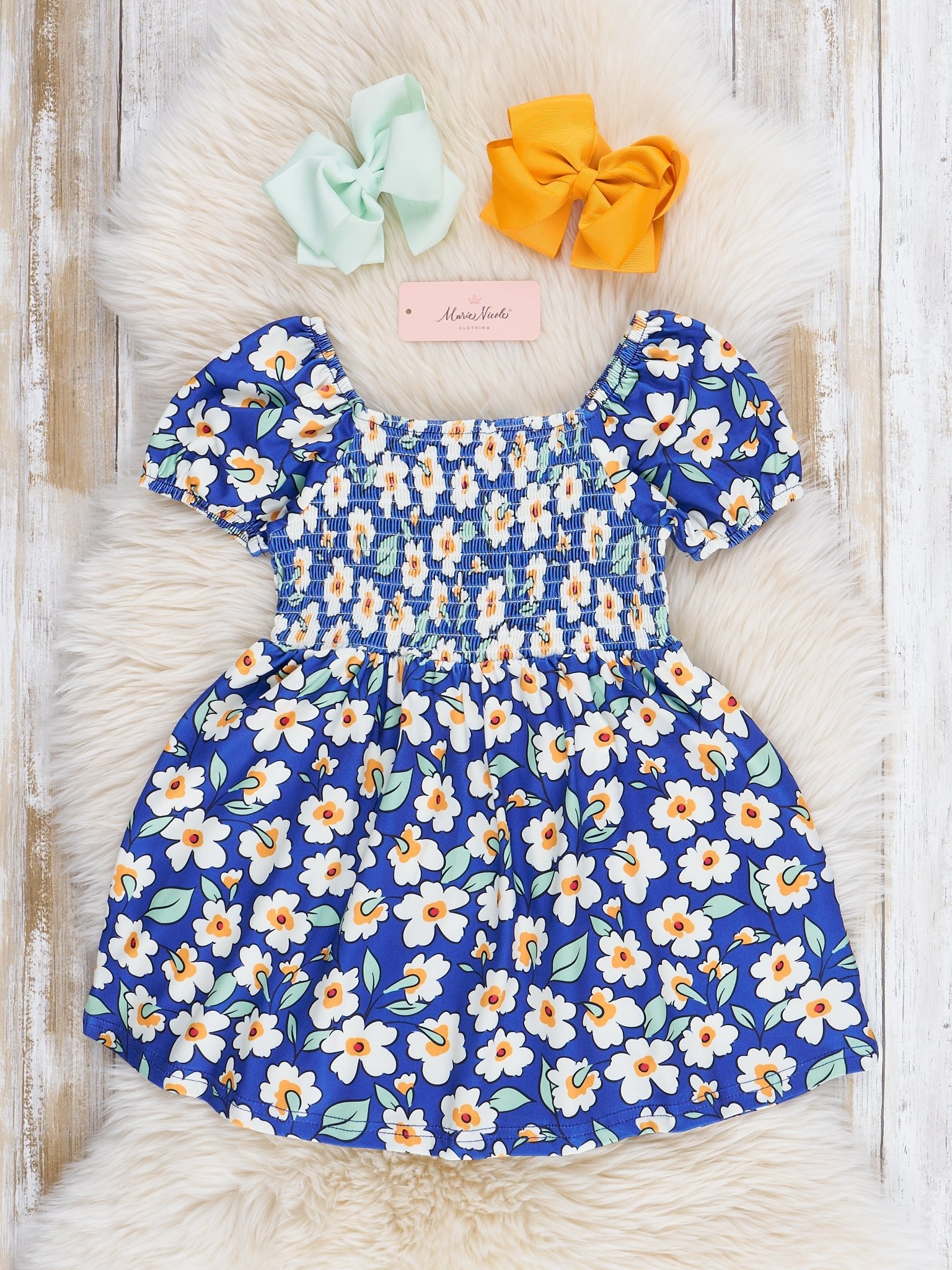 Navy Blooms Smocked Ruffle Dress - Marie Nicole Clothing