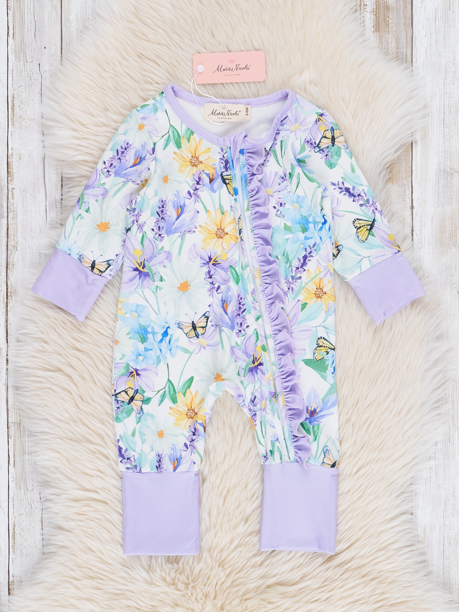 Lavender Daisy Garden Ruffle Sleeper Pajamas - Marie Nicole Clothing