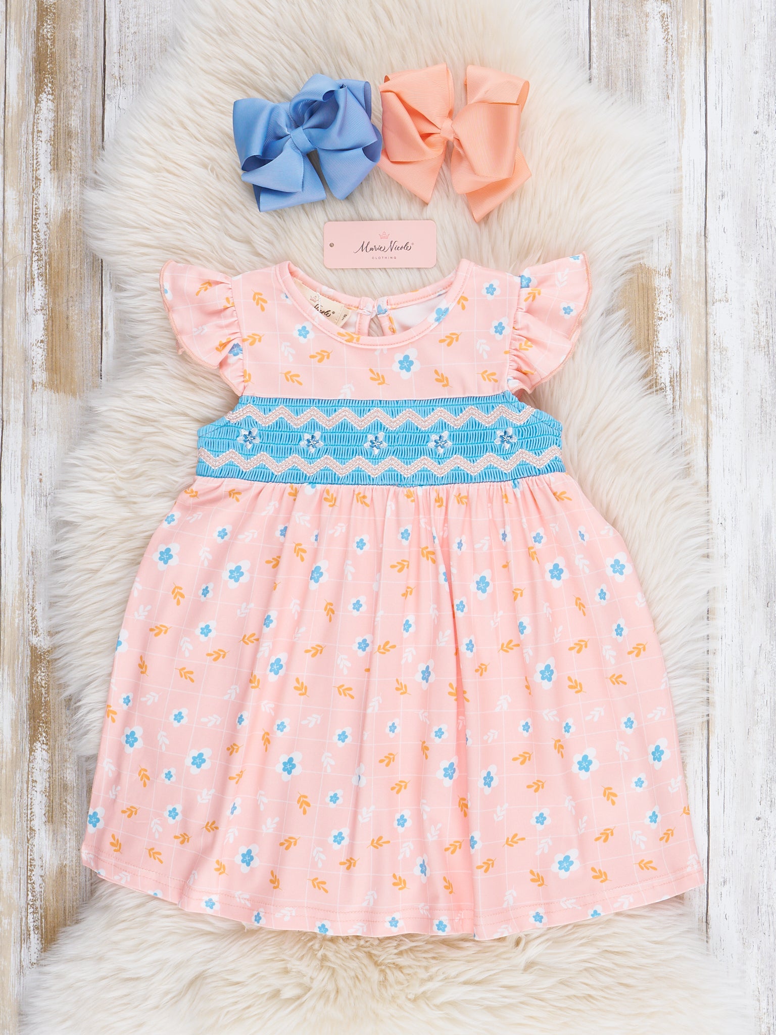 Peachy Blossoms Smocked Ruffle Dress - Marie Nicole Clothing