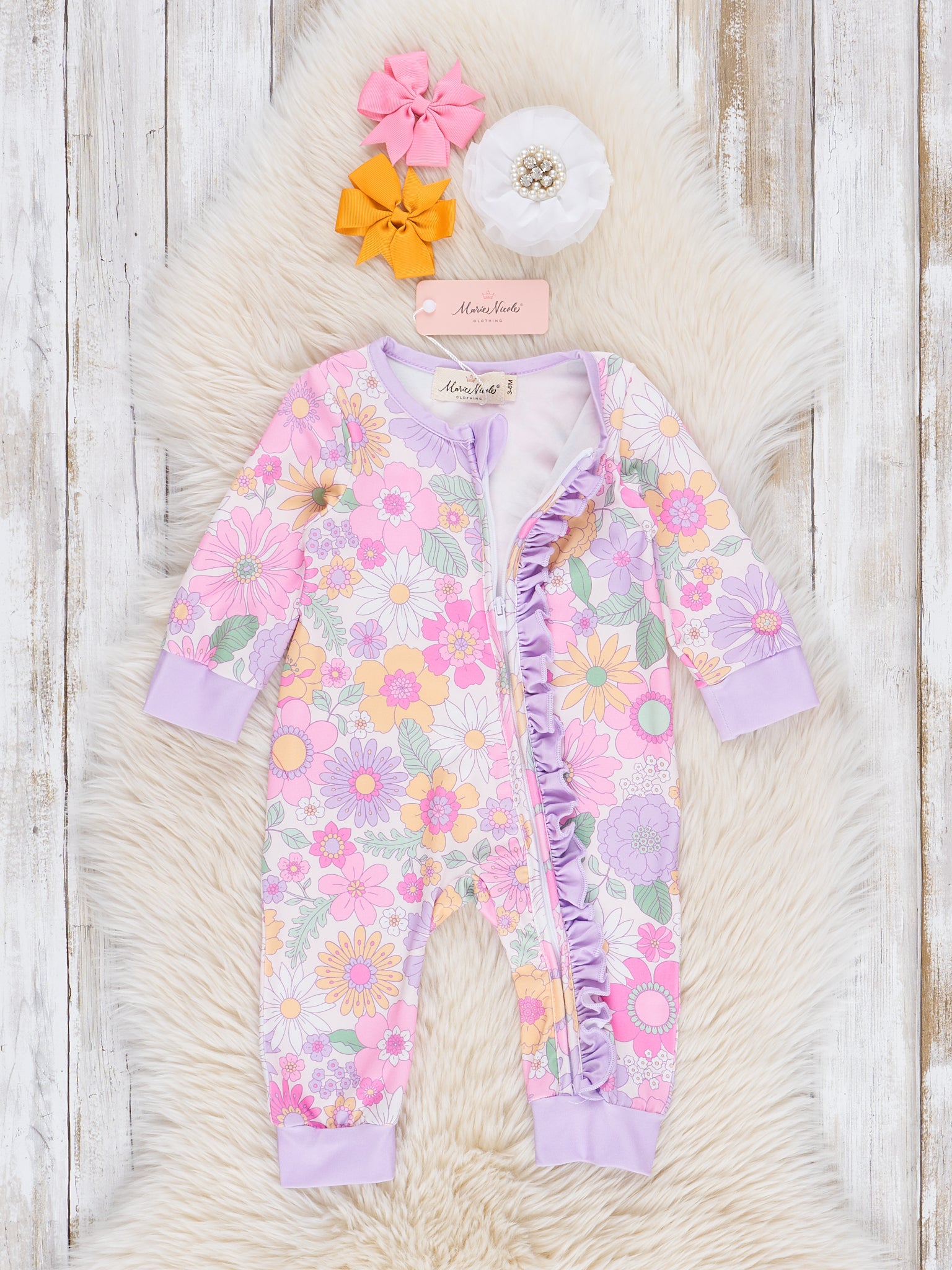 Lilac Funky Florals Ruffle Sleeper Pajamas - Marie Nicole Clothing