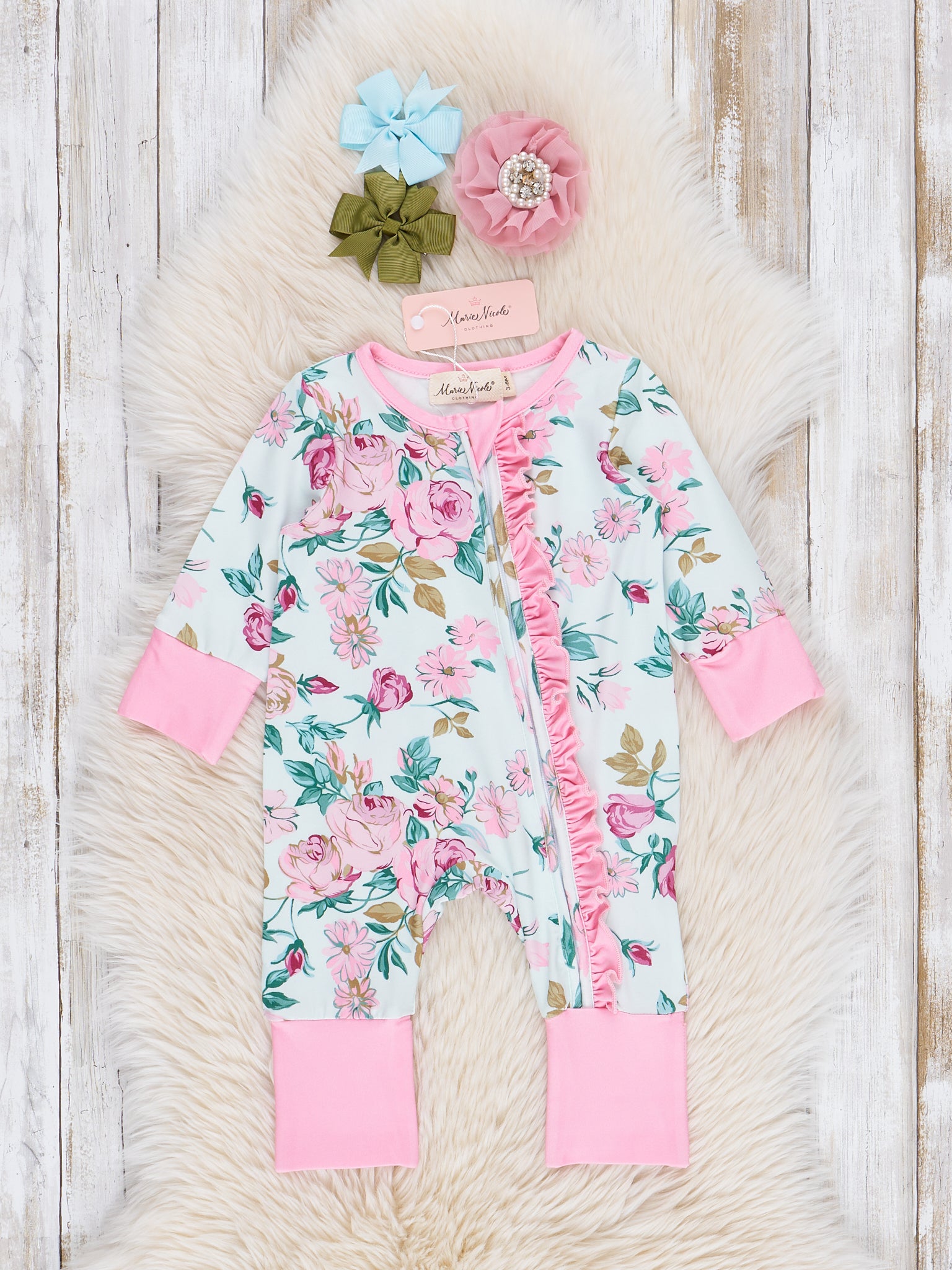 Pink Rose Garden Ruffle Sleeper Pajamas - Marie Nicole Clothing