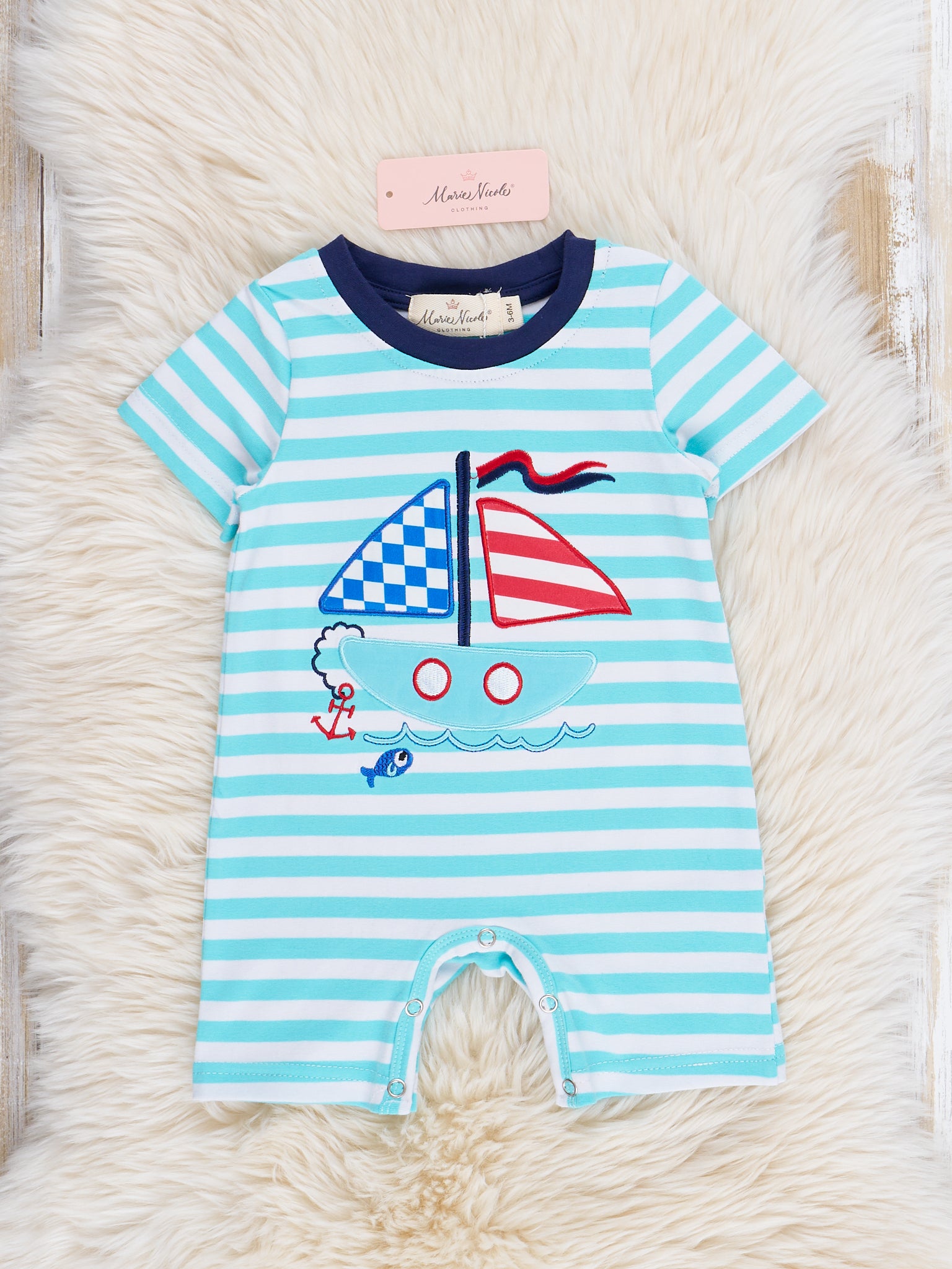 Teal Stripes Sailboat Romper - Marie Nicole Clothing