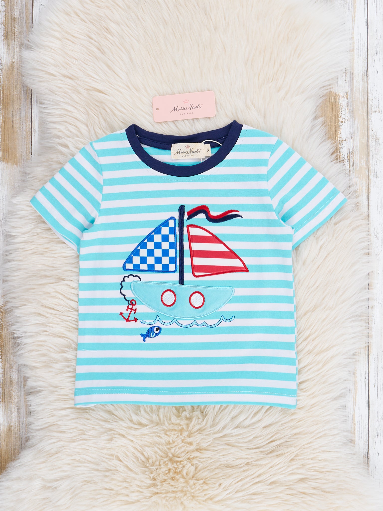 Teal Stripes Sailboat Shirt - Marie Nicole Clothing