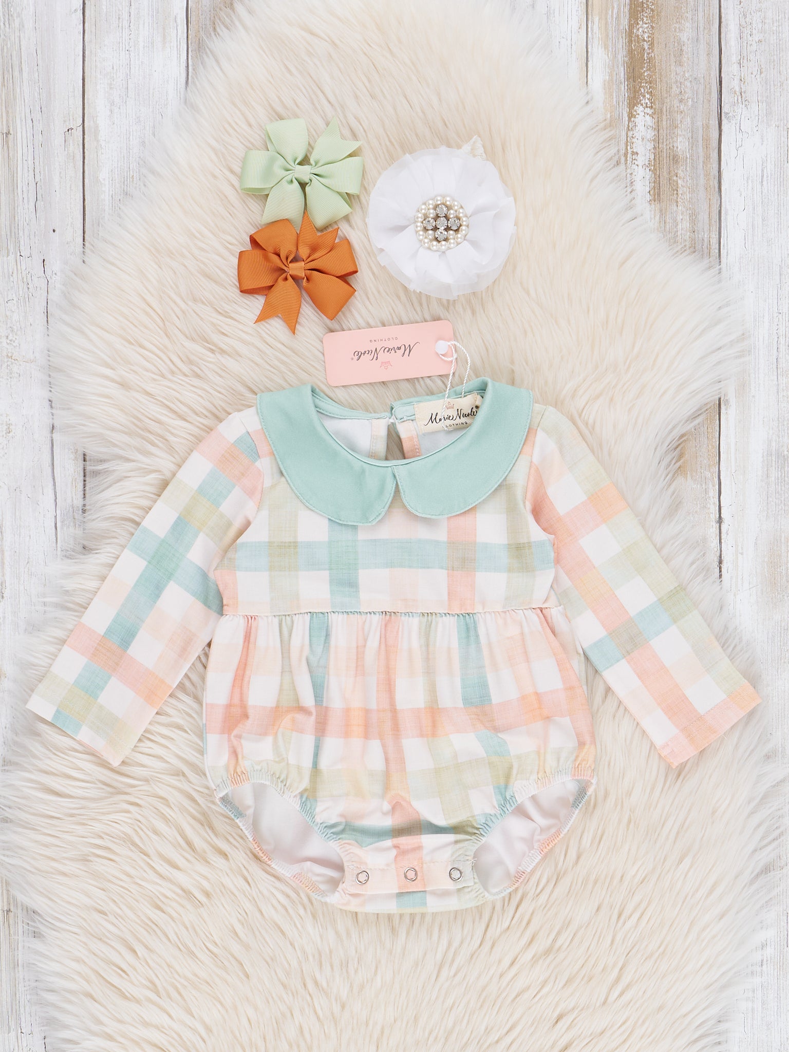 Peachy Mint Plaid Ruffle Bubble Romper - Marie Nicole Clothing