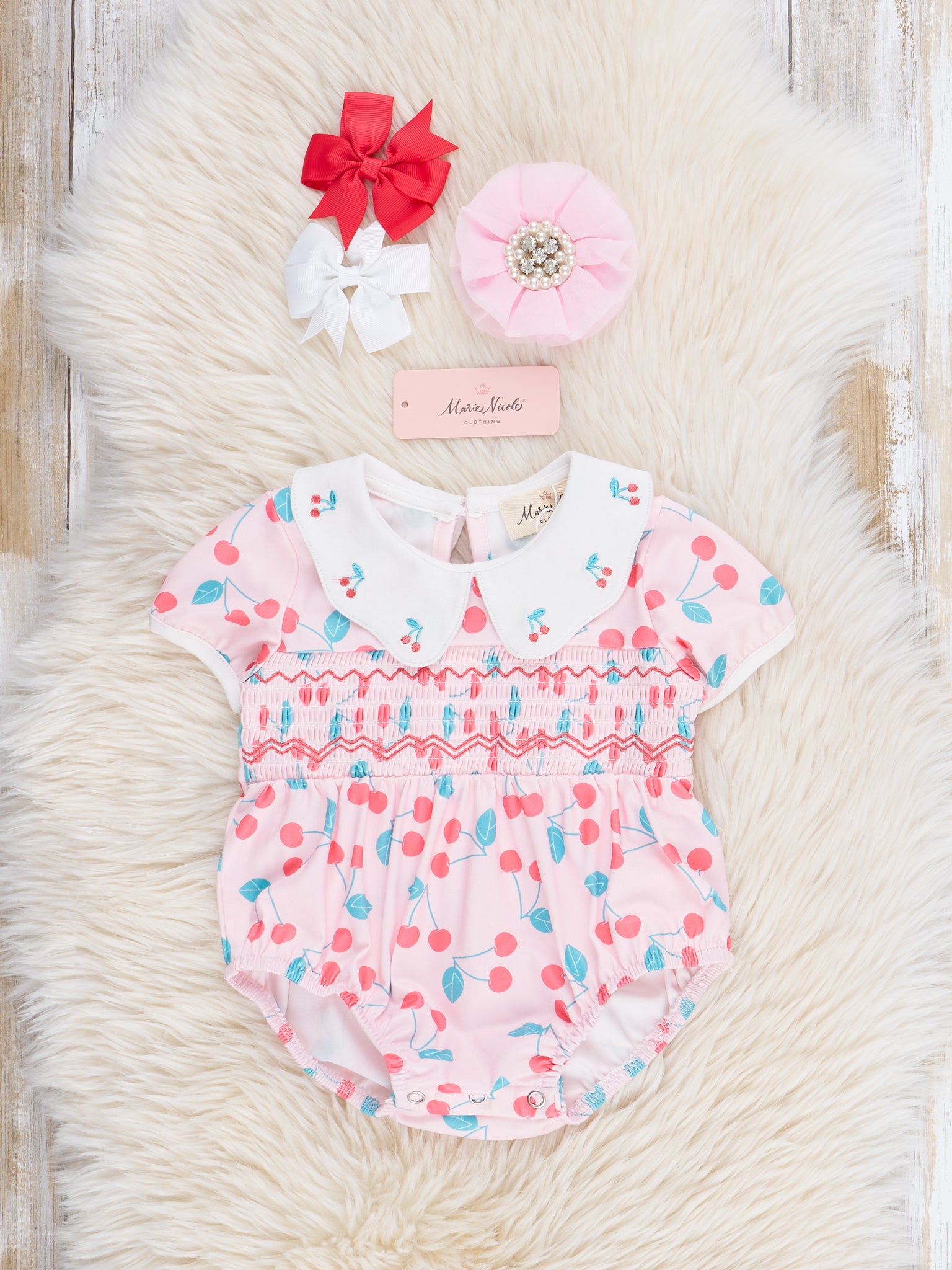 Sweet Cherries Smocked Ruffle Bubble Romper - Marie Nicole Clothing