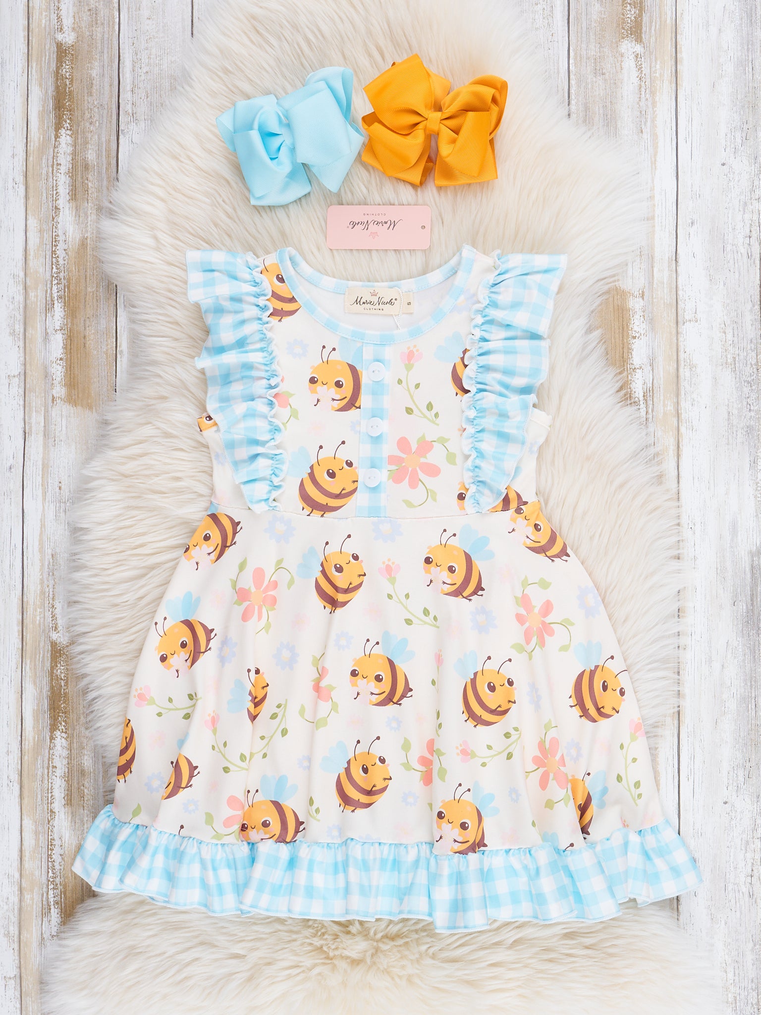 Honey Bee Gingham Ruffle Dress - Marie Nicole Clothing