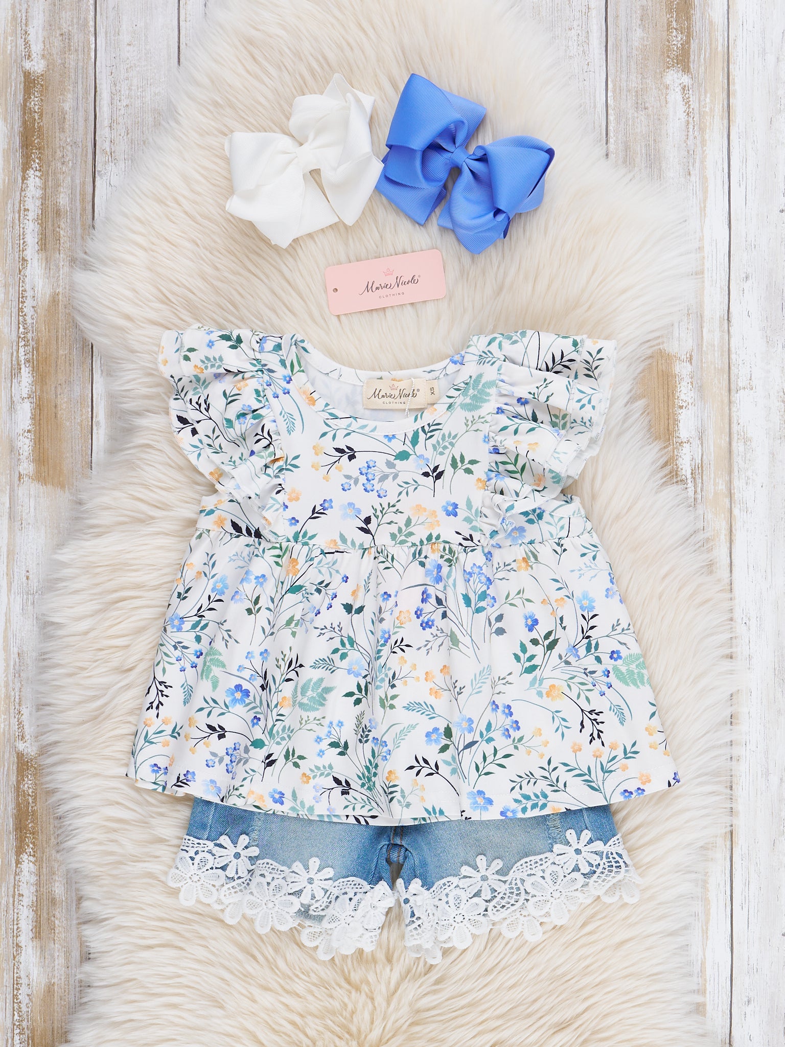 Lavender Blooms Lace Hem Denim Outfit - Marie Nicole Clothing