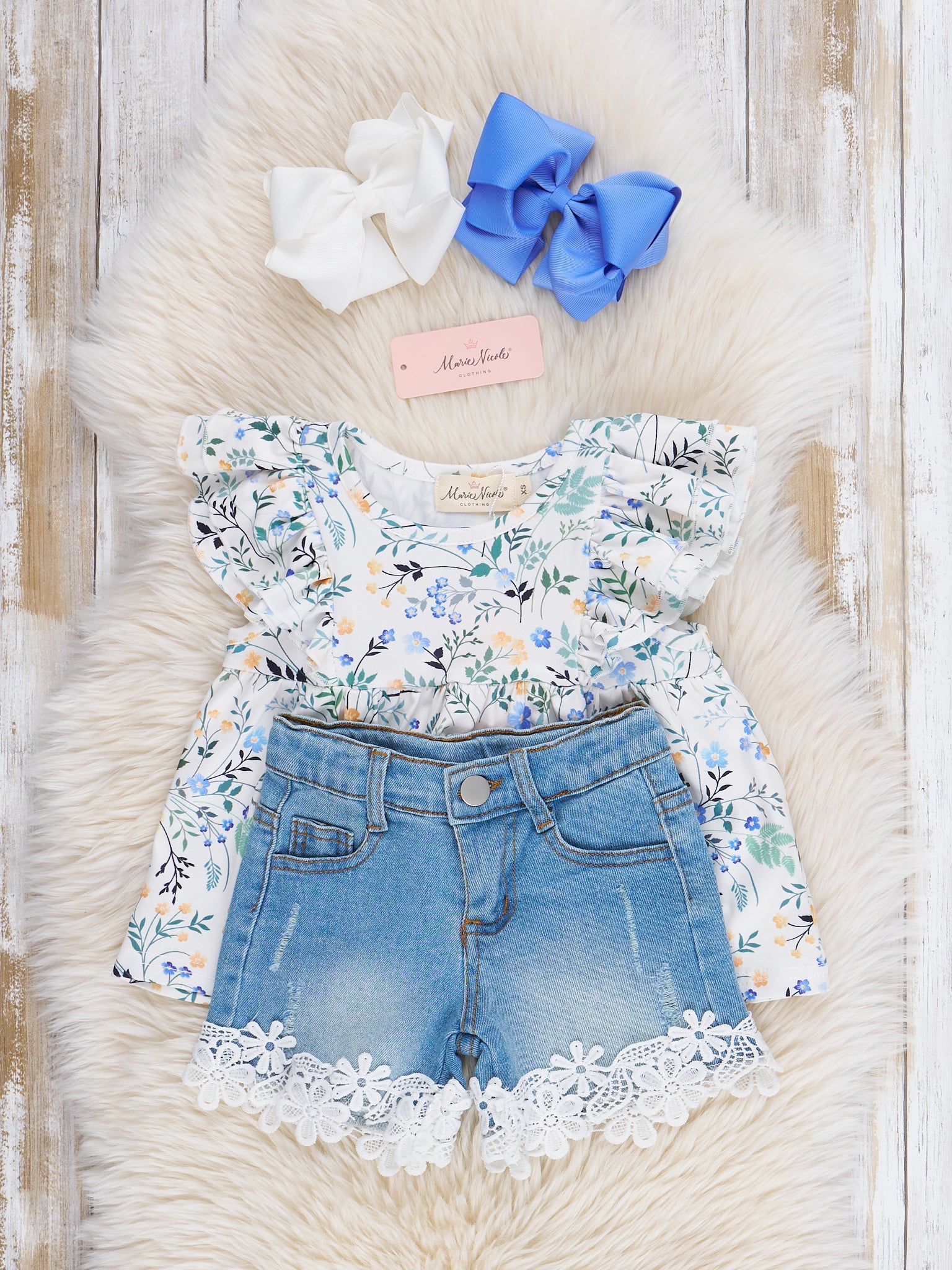 Lavender Blooms Lace Hem Denim Outfit - Marie Nicole Clothing