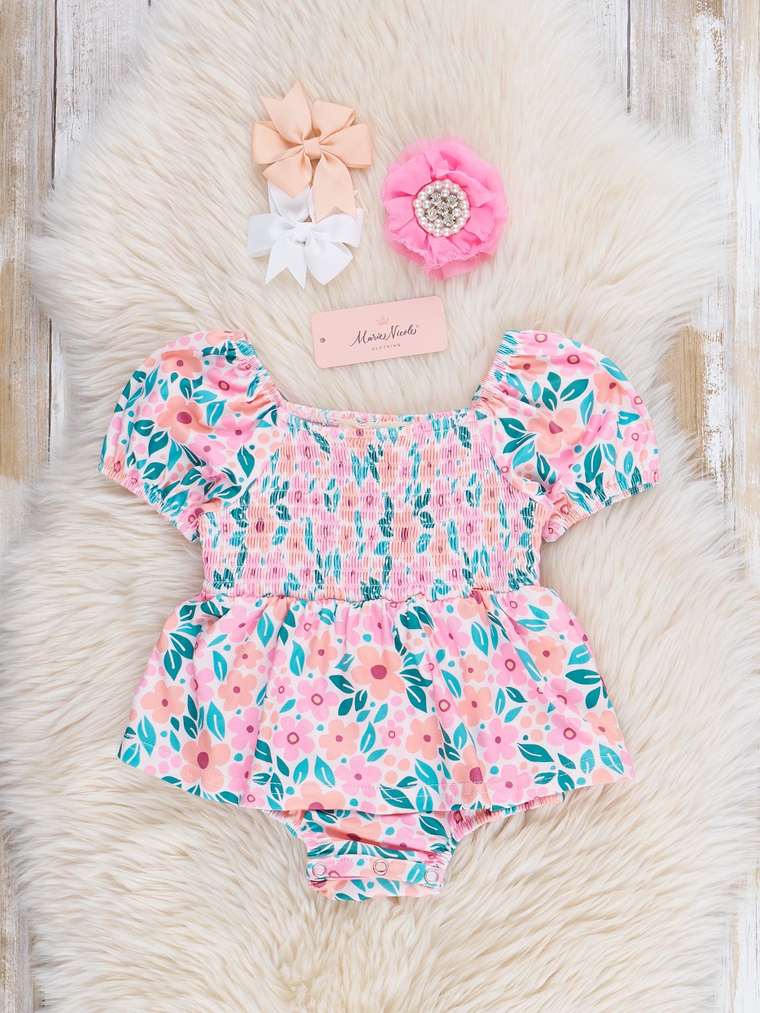 Peach & Pink Blooms Smocked Ruffle Bubble Romper - Marie Nicole Clothing