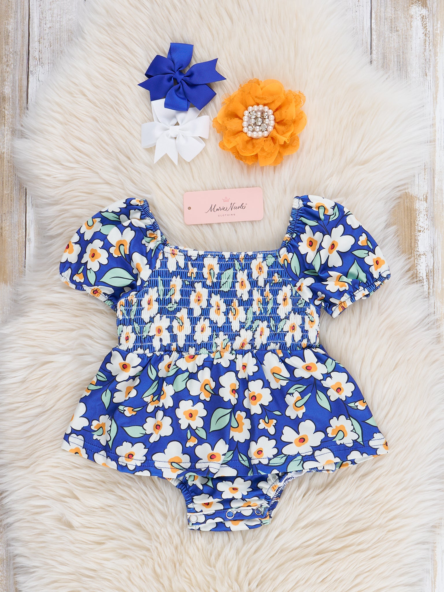 Navy Blooms Smocked Ruffle Bubble Romper - Marie Nicole Clothing