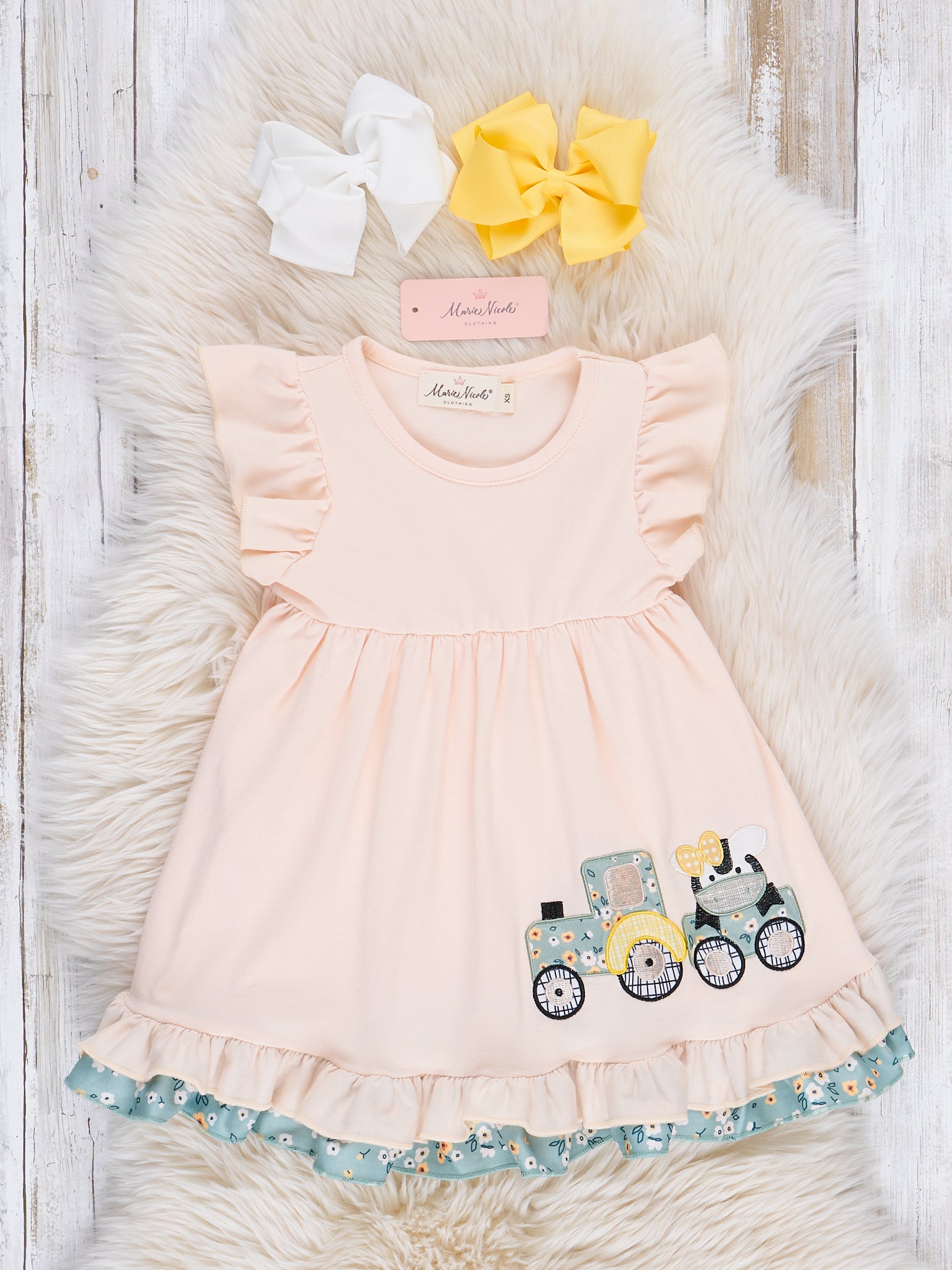 Peach Embroidered Cow Train Dress - Marie Nicole Clothing