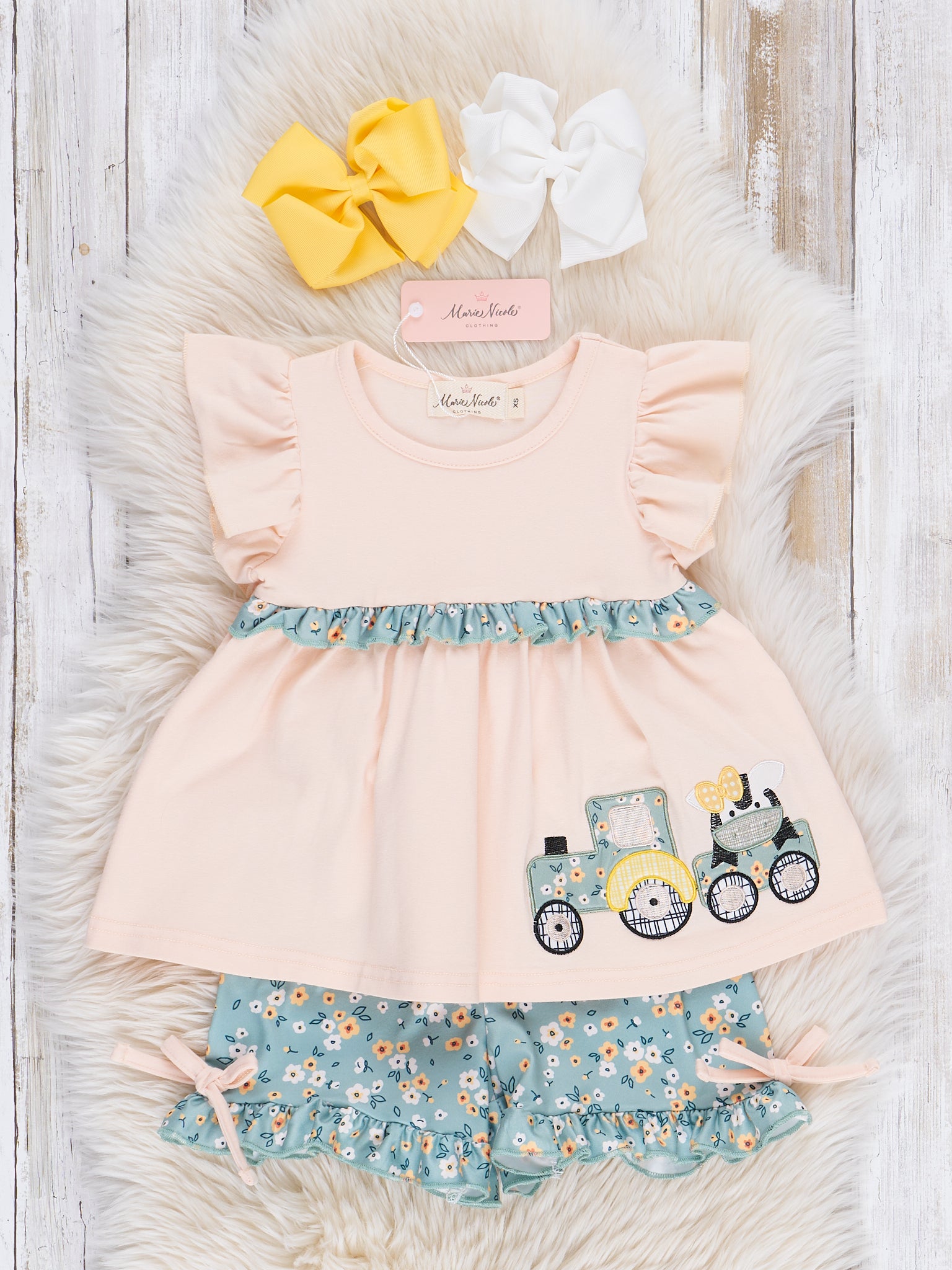 Peach Embroidered Cow Train Outfit - Marie Nicole Clothing