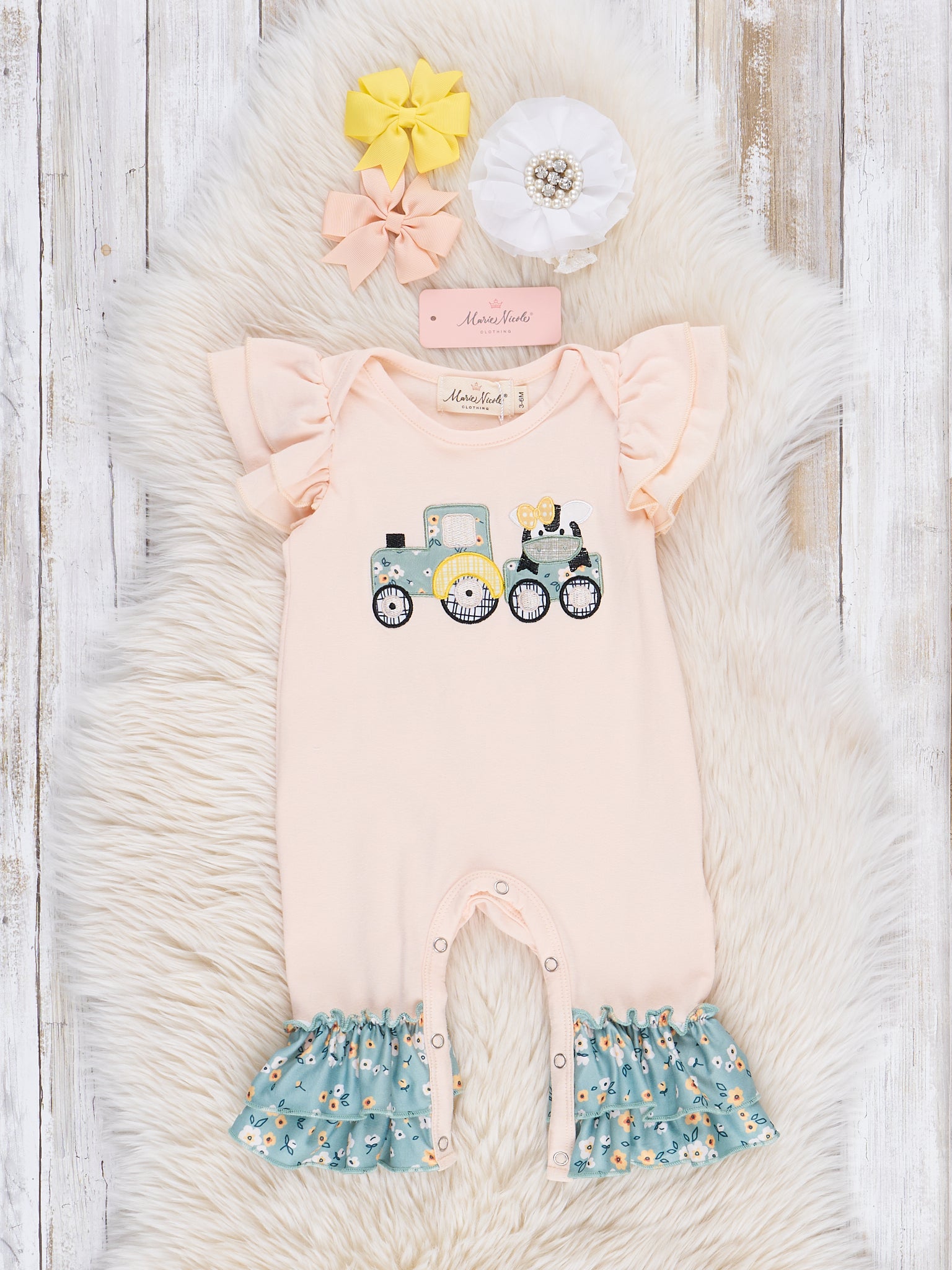 Peach Embroidered Cow Train Ruffle Romper - Marie Nicole Clothing