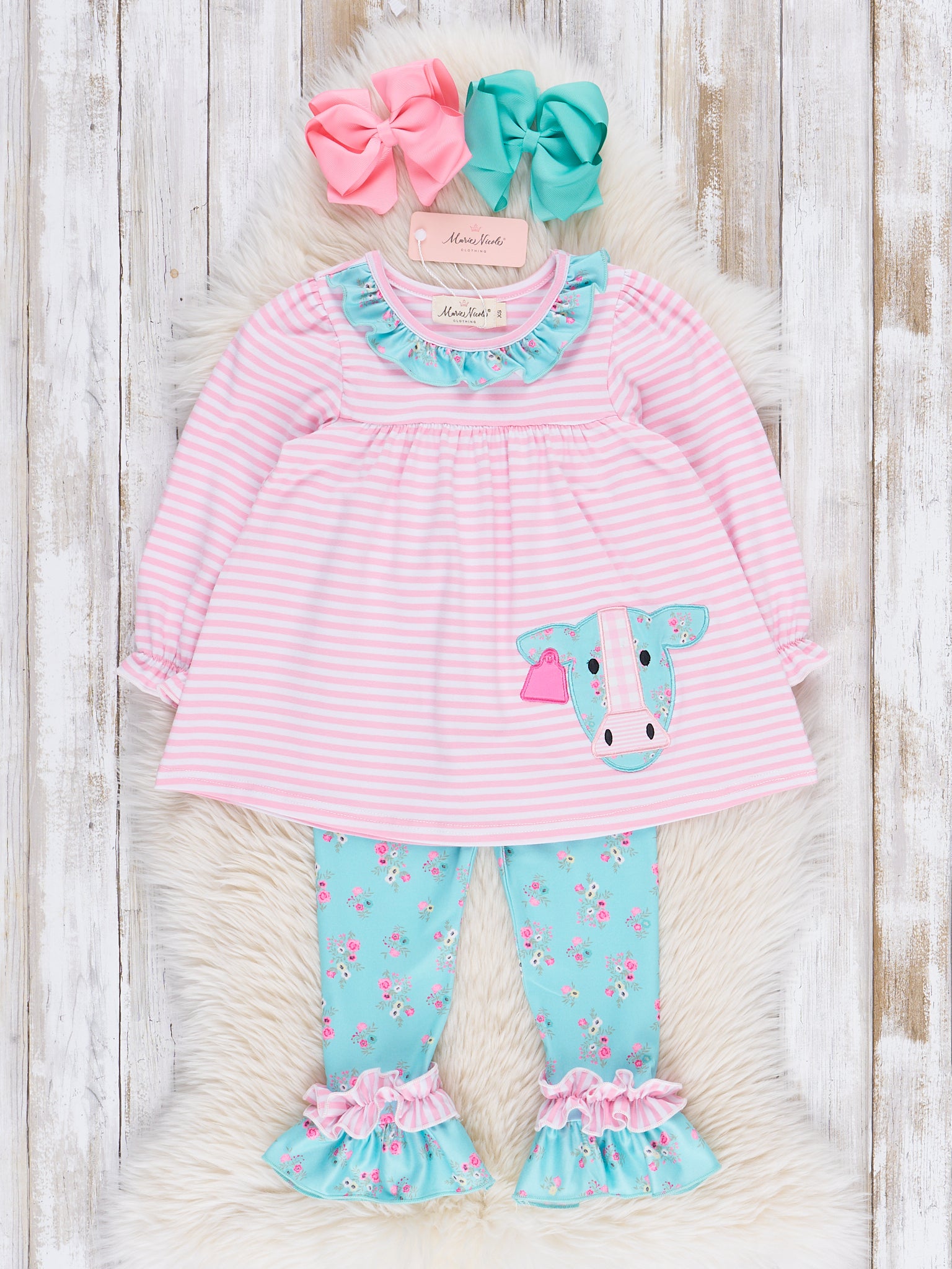 Teal & Pink Floral Embroidered Cow Ruffle Outfit - Marie Nicole Clothing