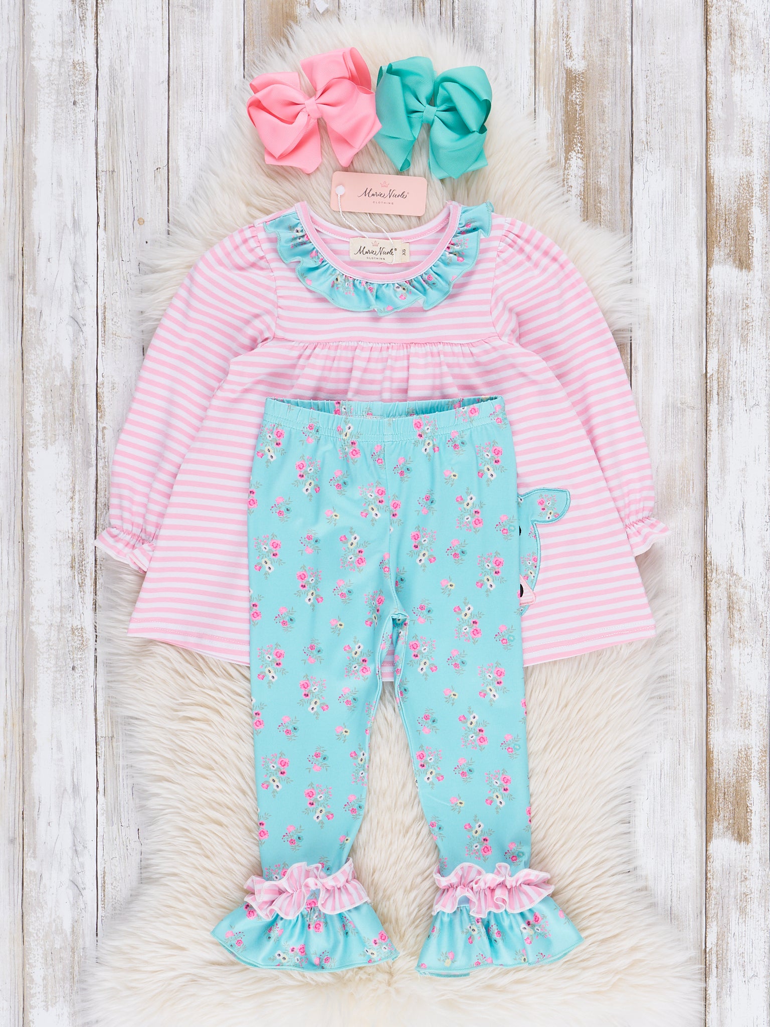 Teal & Pink Floral Embroidered Cow Ruffle Outfit - Marie Nicole Clothing