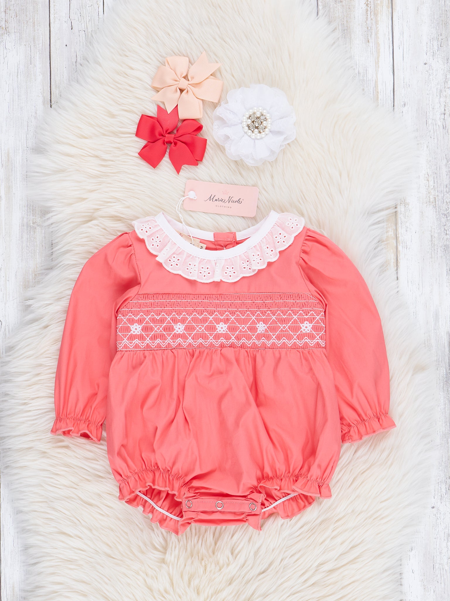 Coral Chambray Smocked Bubble Romper - Marie Nicole Clothing