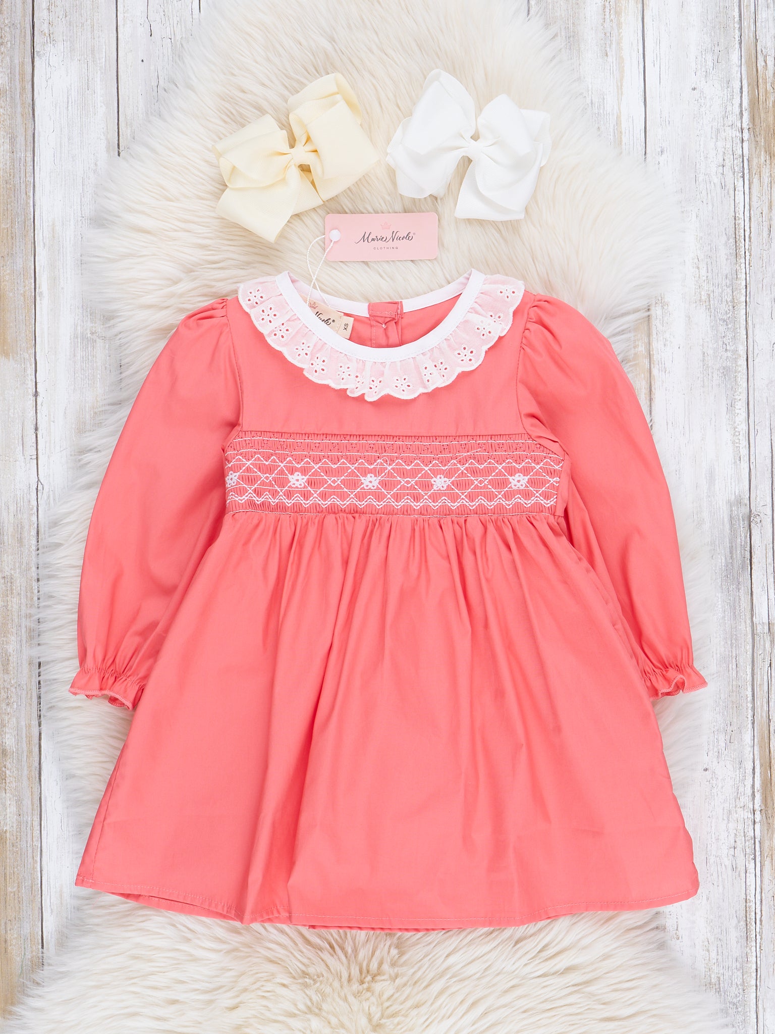Coral Chambray Smocked Dress - Marie Nicole Clothing