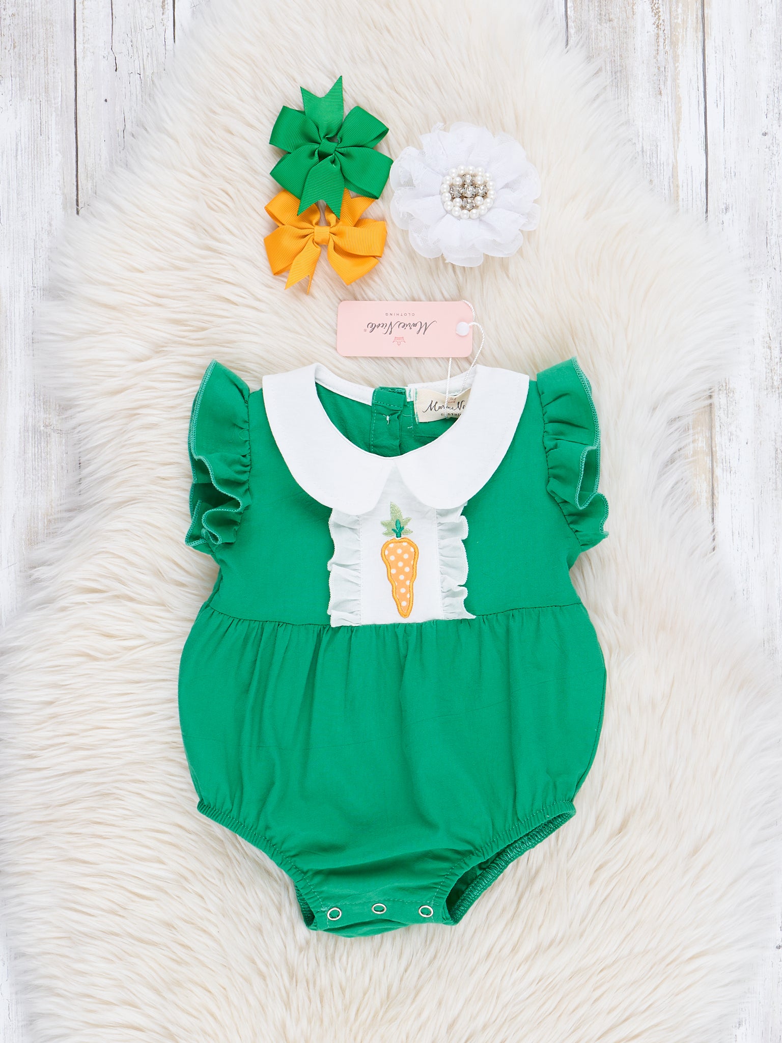 Green Embroidered Carrot Bubble Romper - Marie Nicole Clothing