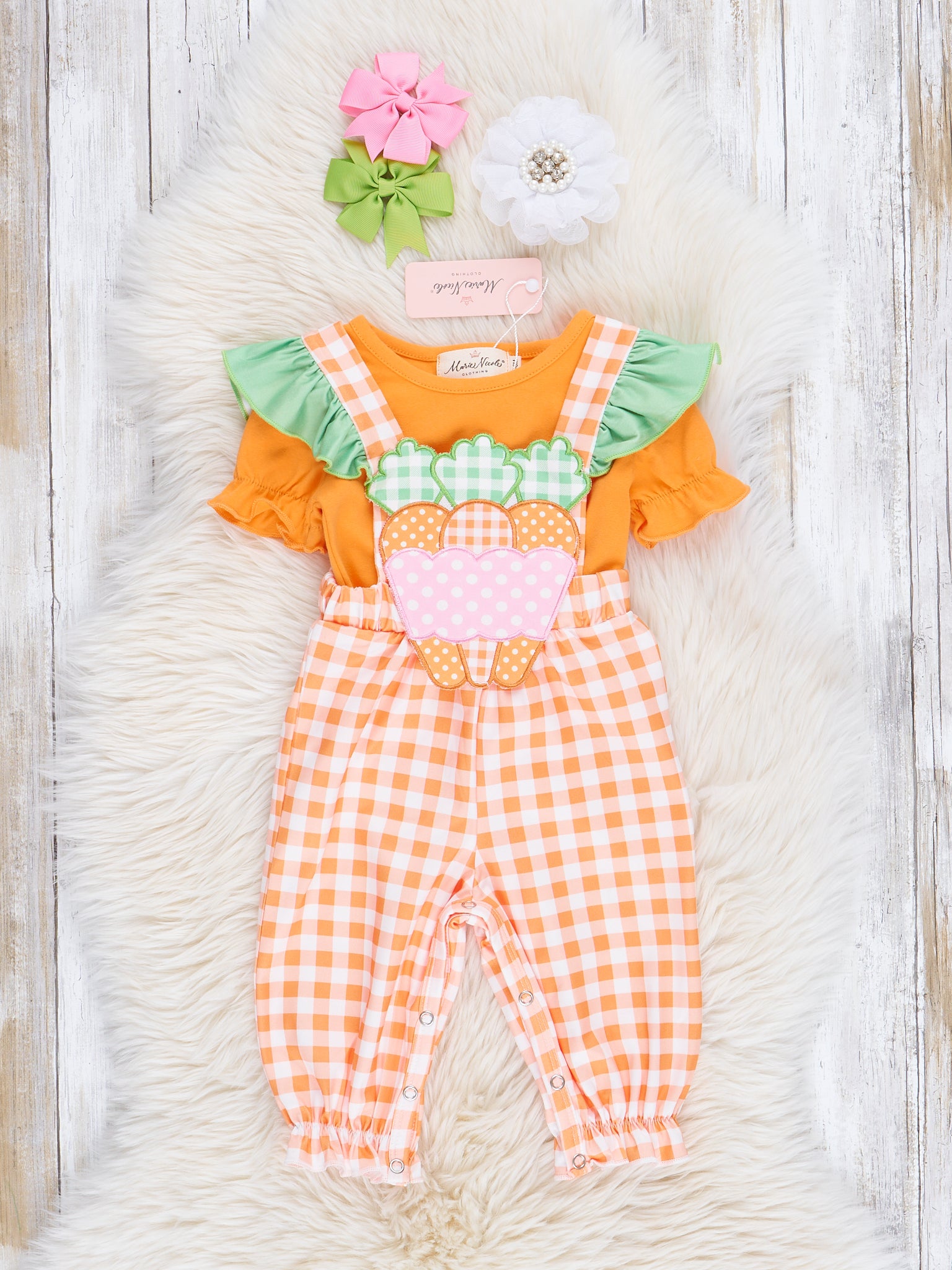 Orange Gingham Embroidered Carrot Overalls Set - Marie Nicole Clothing