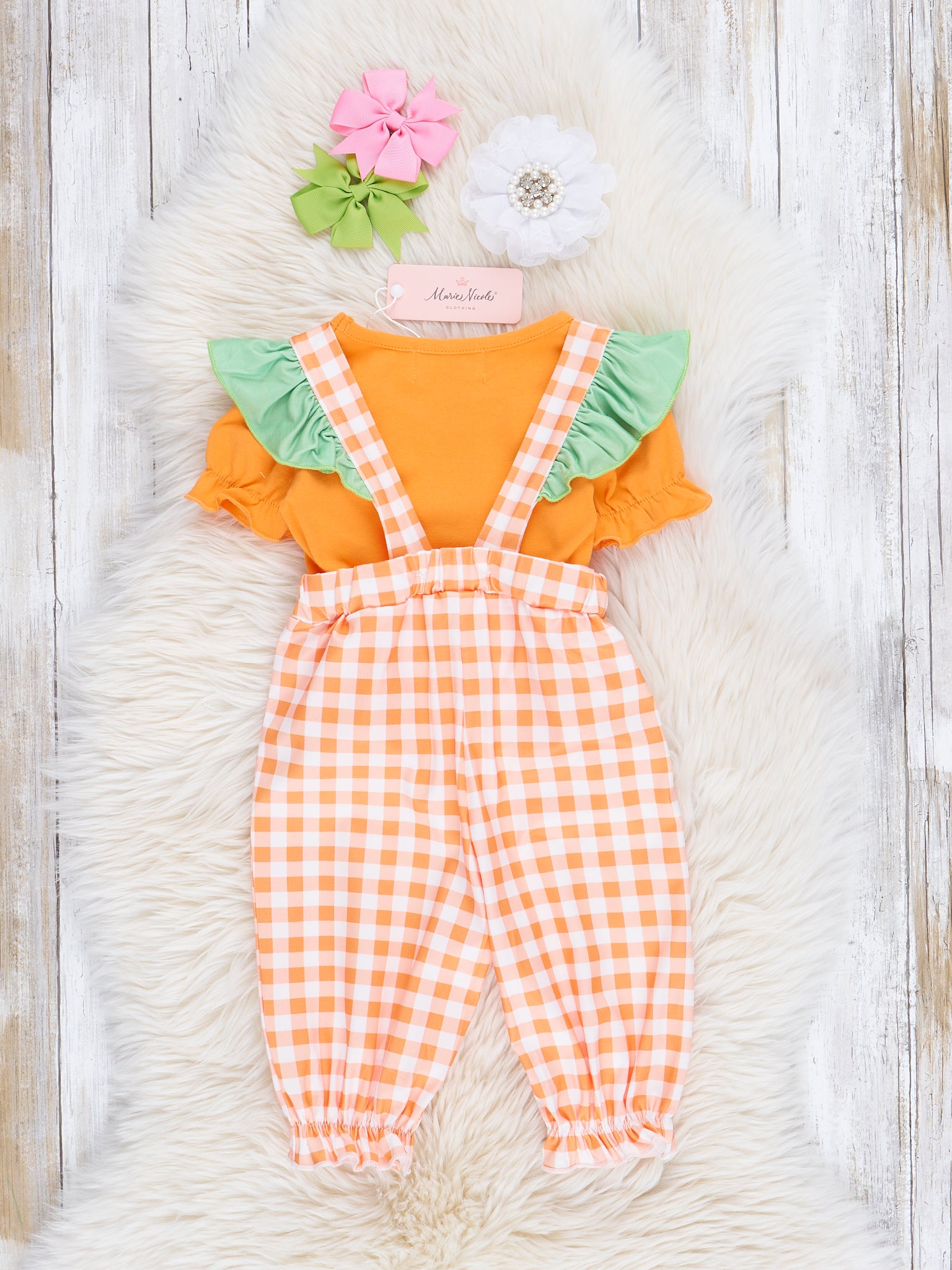 Orange Gingham Embroidered Carrot Overalls Set - Marie Nicole Clothing