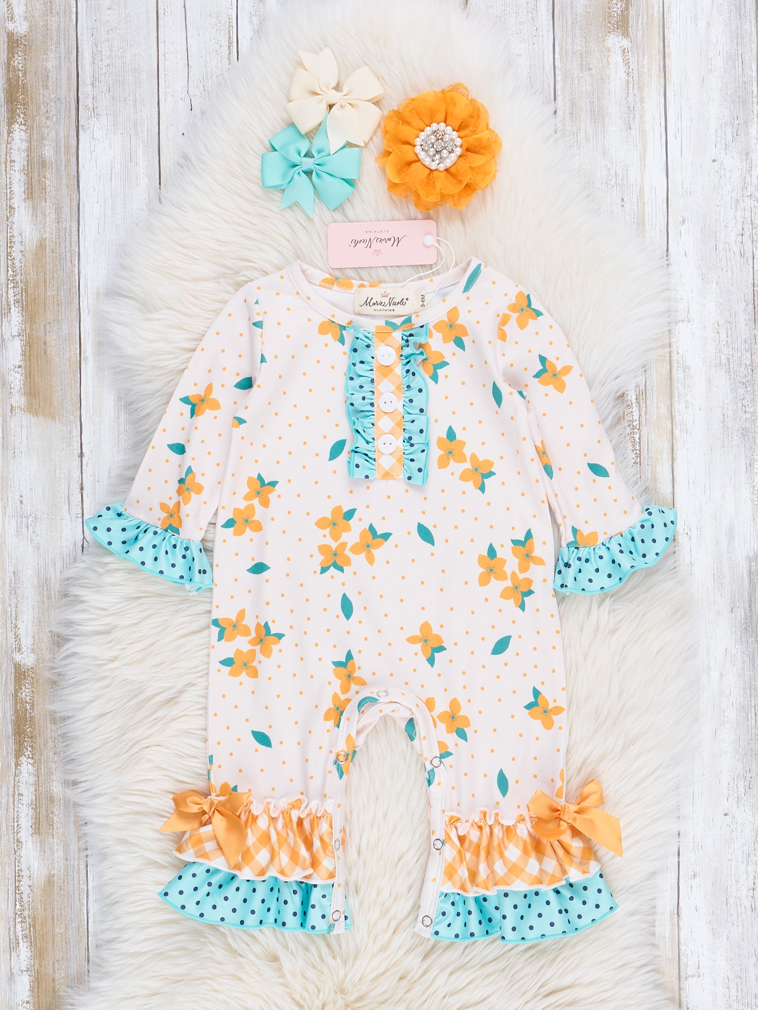 Golden Florals & Teal Dots Ruffle Romper - Marie Nicole Clothing