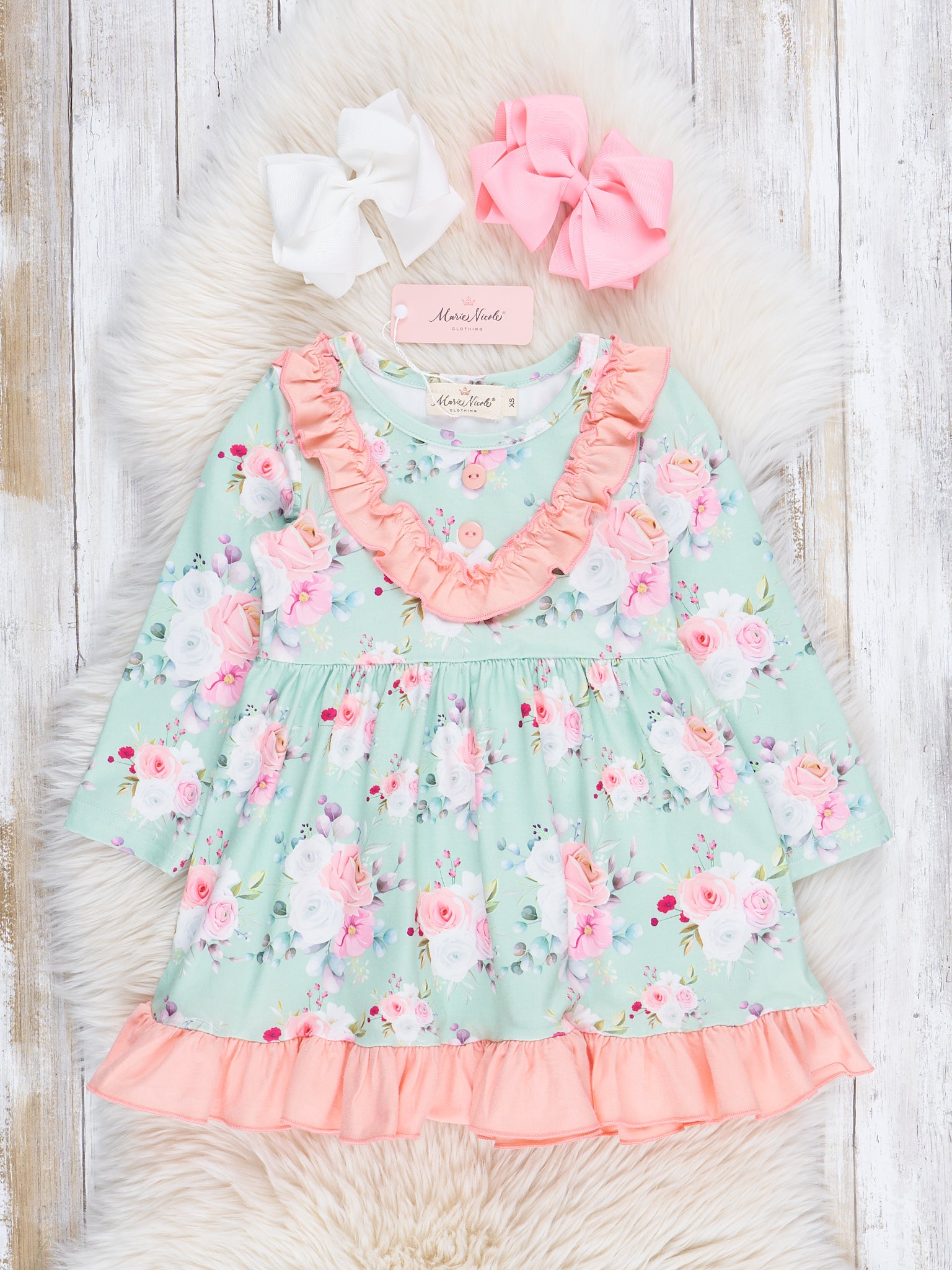 Coral & Green Rose Bouquet Ruffle Dress - Marie Nicole Clothing