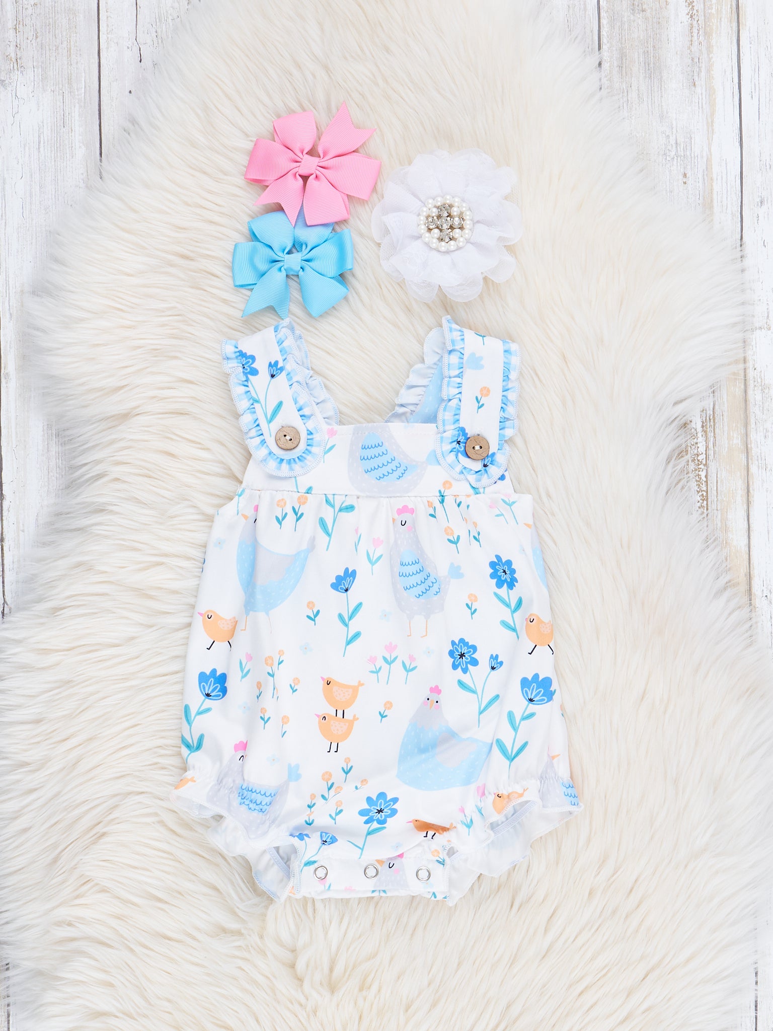 Light Blue Chickadee Ruffle Bubble Romper - Marie Nicole Clothing