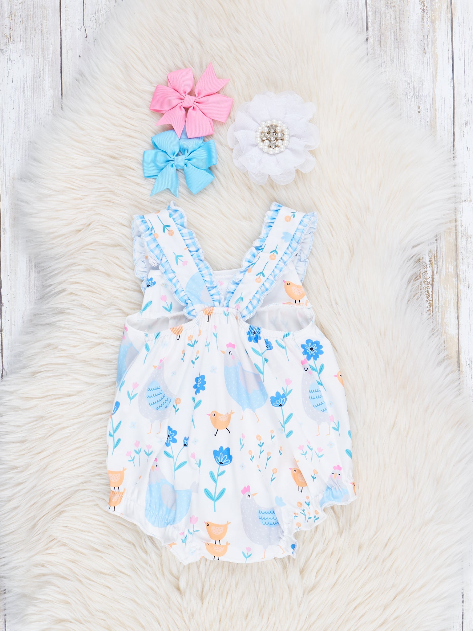 Light Blue Chickadee Ruffle Bubble Romper - Marie Nicole Clothing