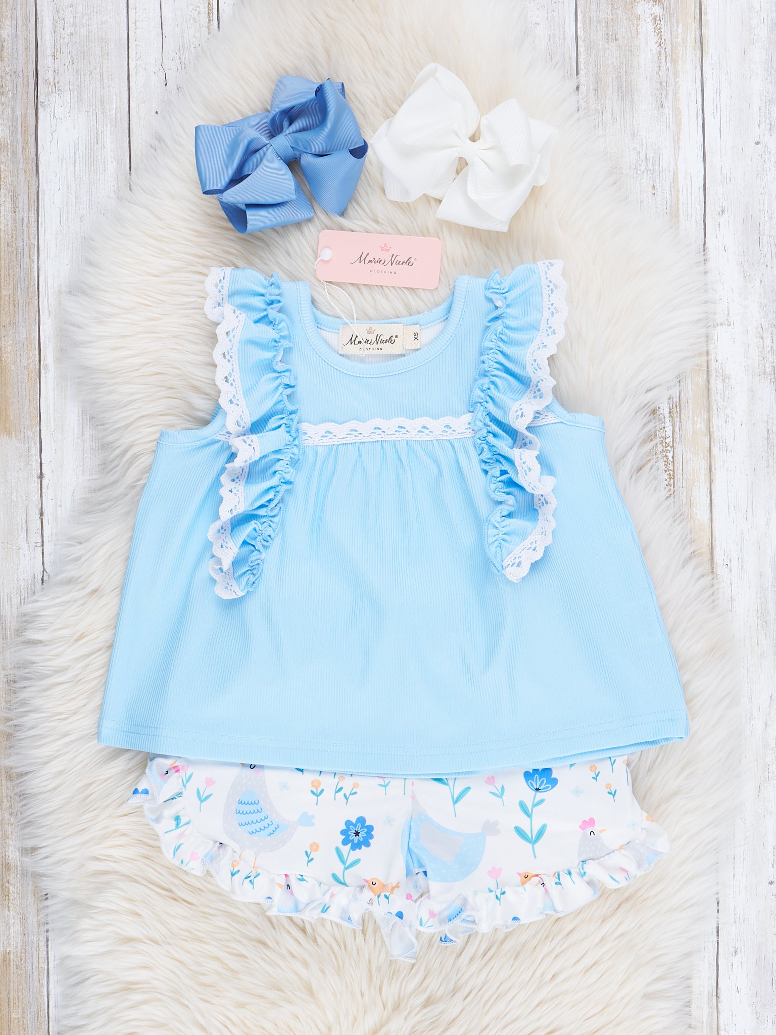Light Blue Chickadee Bloomers Outfit - Marie Nicole Clothing