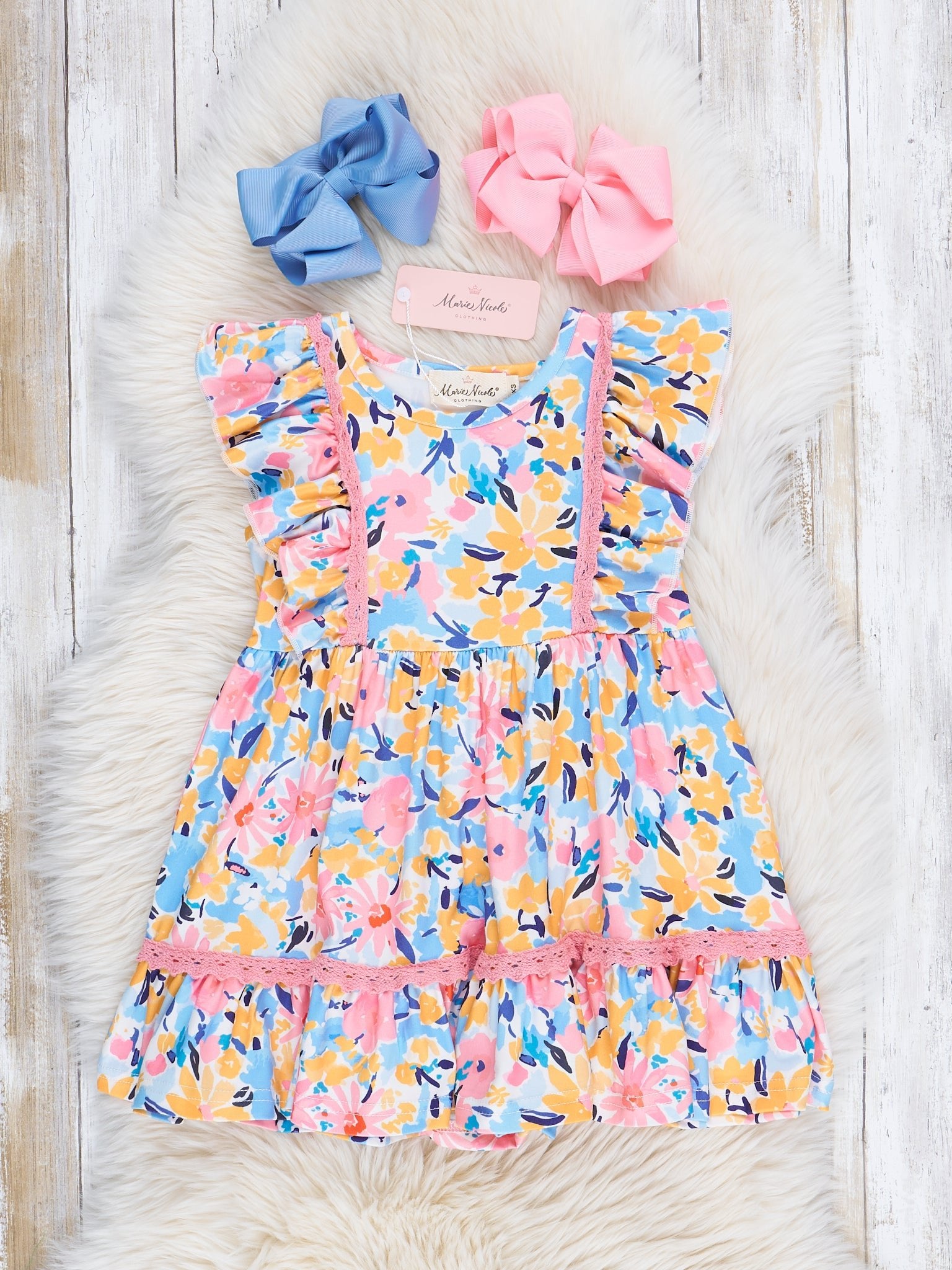 Blue & Yellow Painted Daisies Ruffle Dress - Marie Nicole Clothing