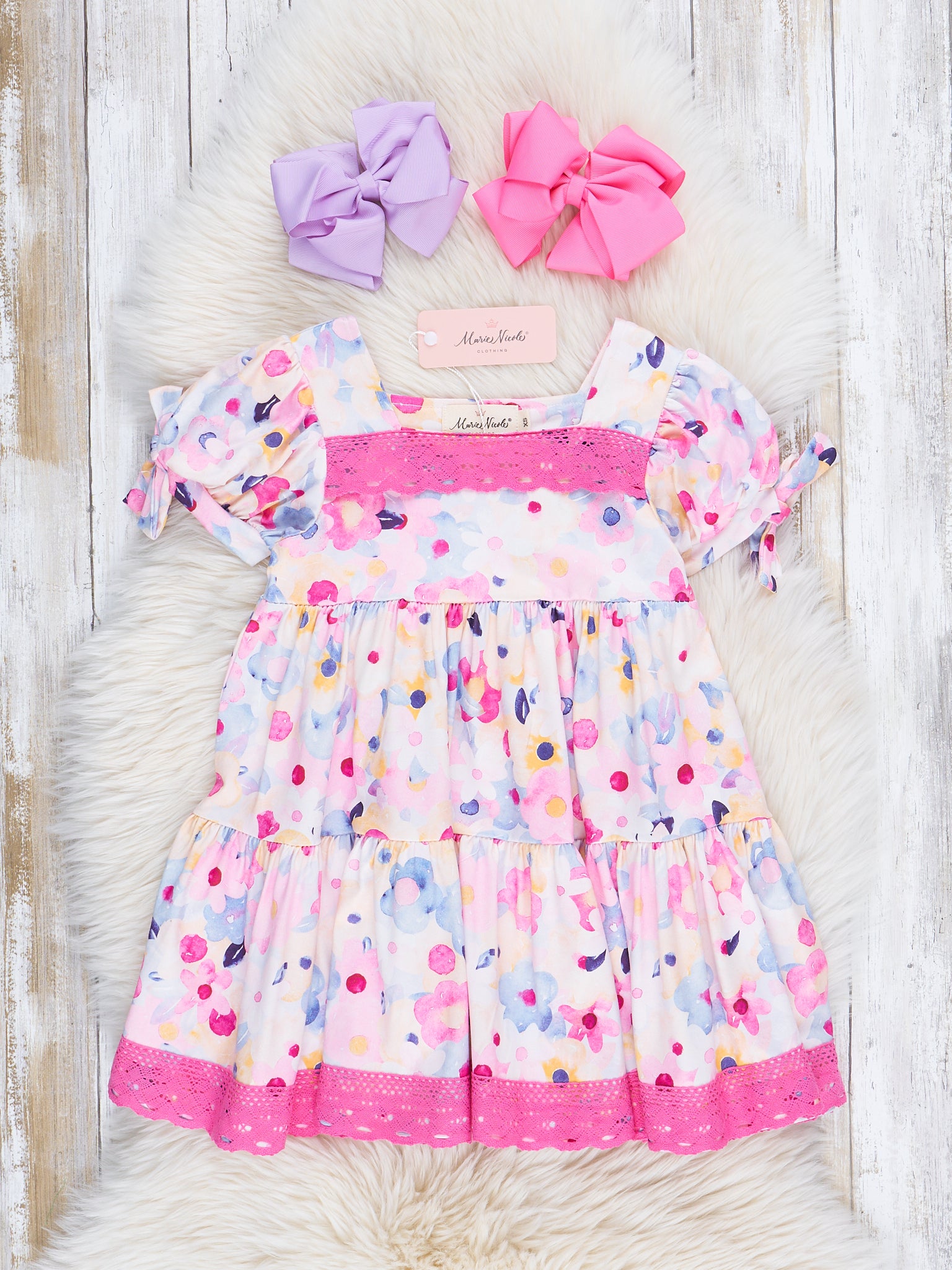 Magenta Watercolor Floral Lace Hem Dress - Marie Nicole Clothing