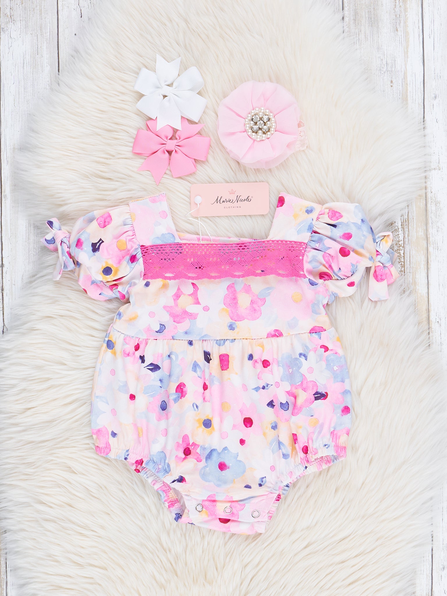 Magenta Watercolor Floral Lace Hem Bubble Romper - Marie Nicole Clothing