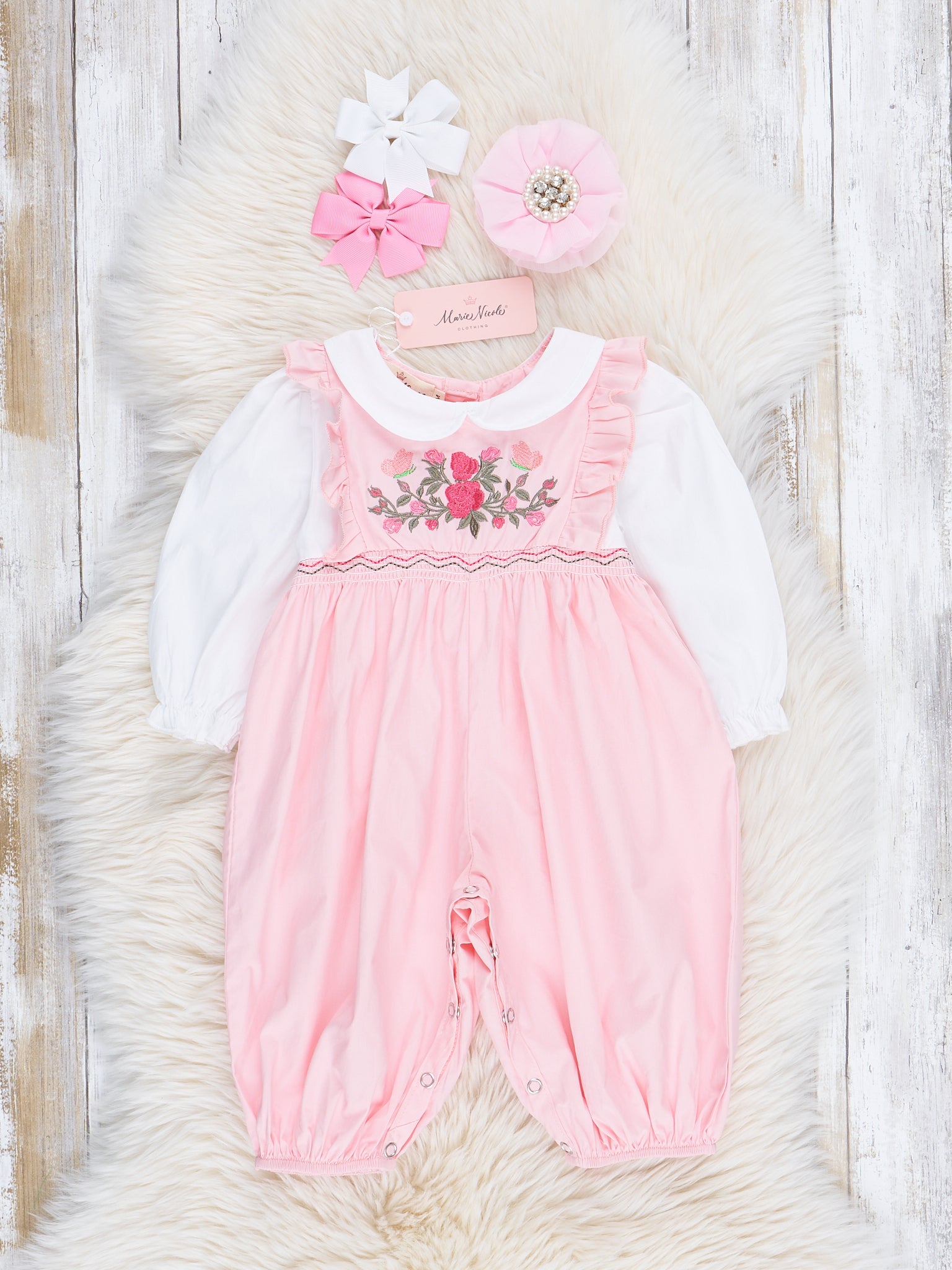 Pink Embroidered Rose Vine Romper - Marie Nicole Clothing