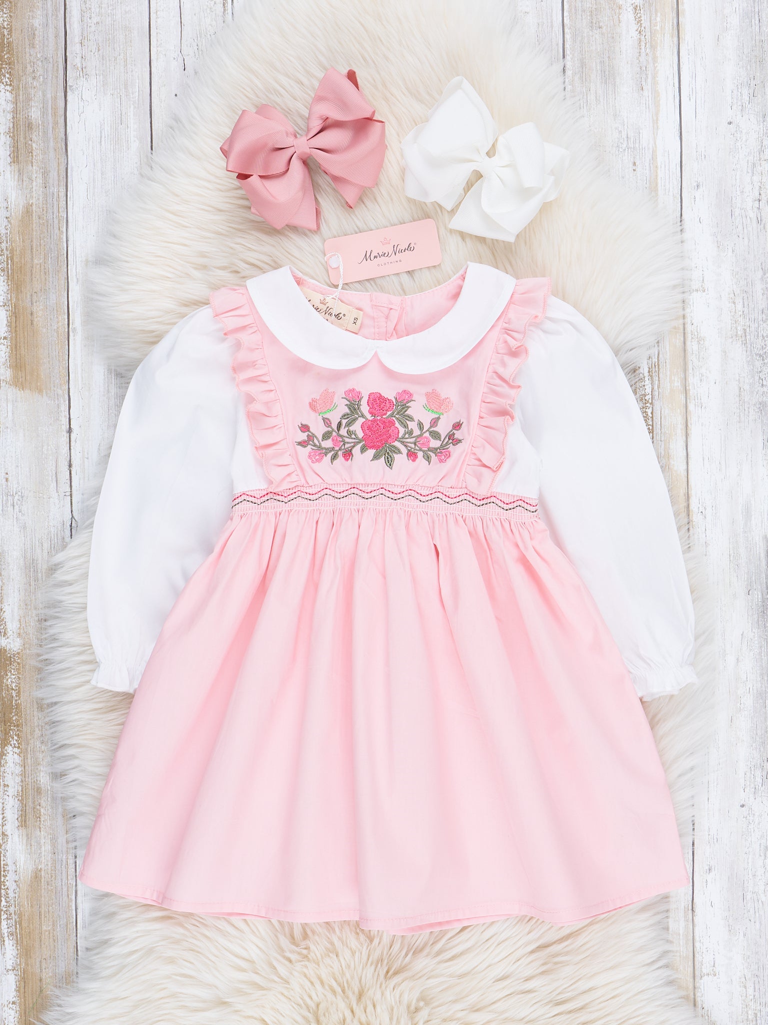 Pink Embroidered Rose Vine Dress - Marie Nicole Clothing