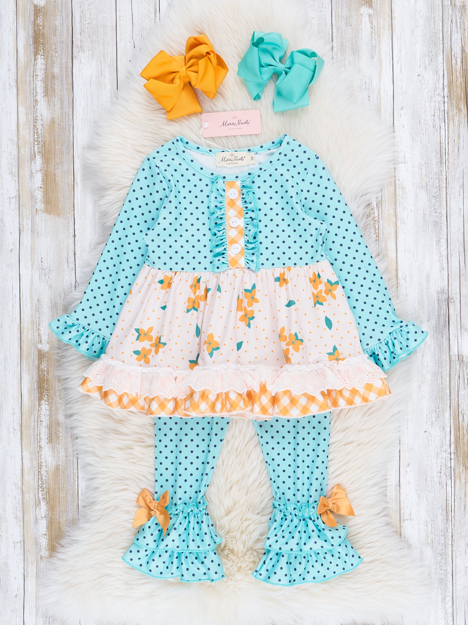 Golden Florals & Teal Dots Ruffle Outfit - Marie Nicole Clothing