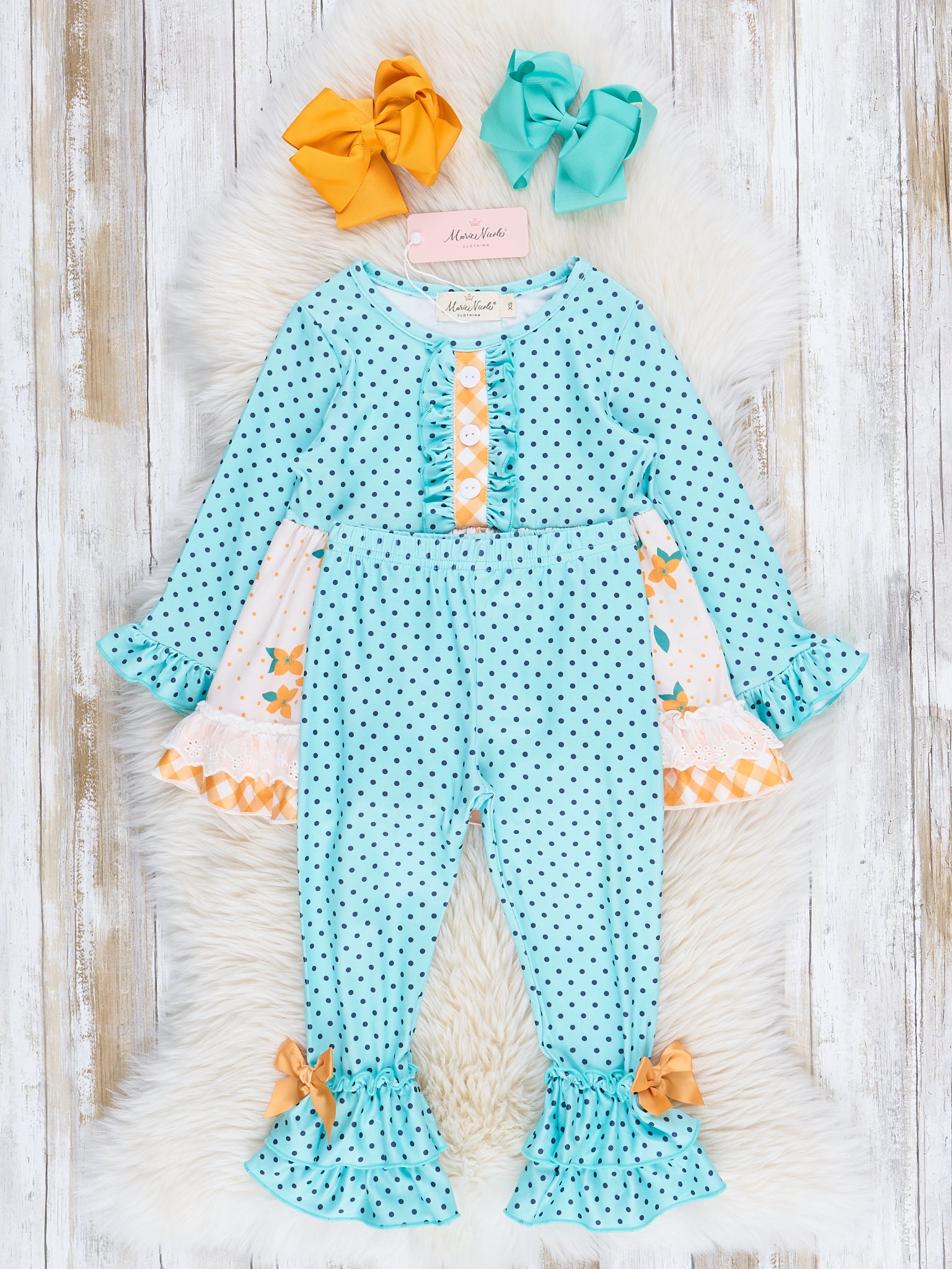 Golden Florals & Teal Dots Ruffle Outfit - Marie Nicole Clothing