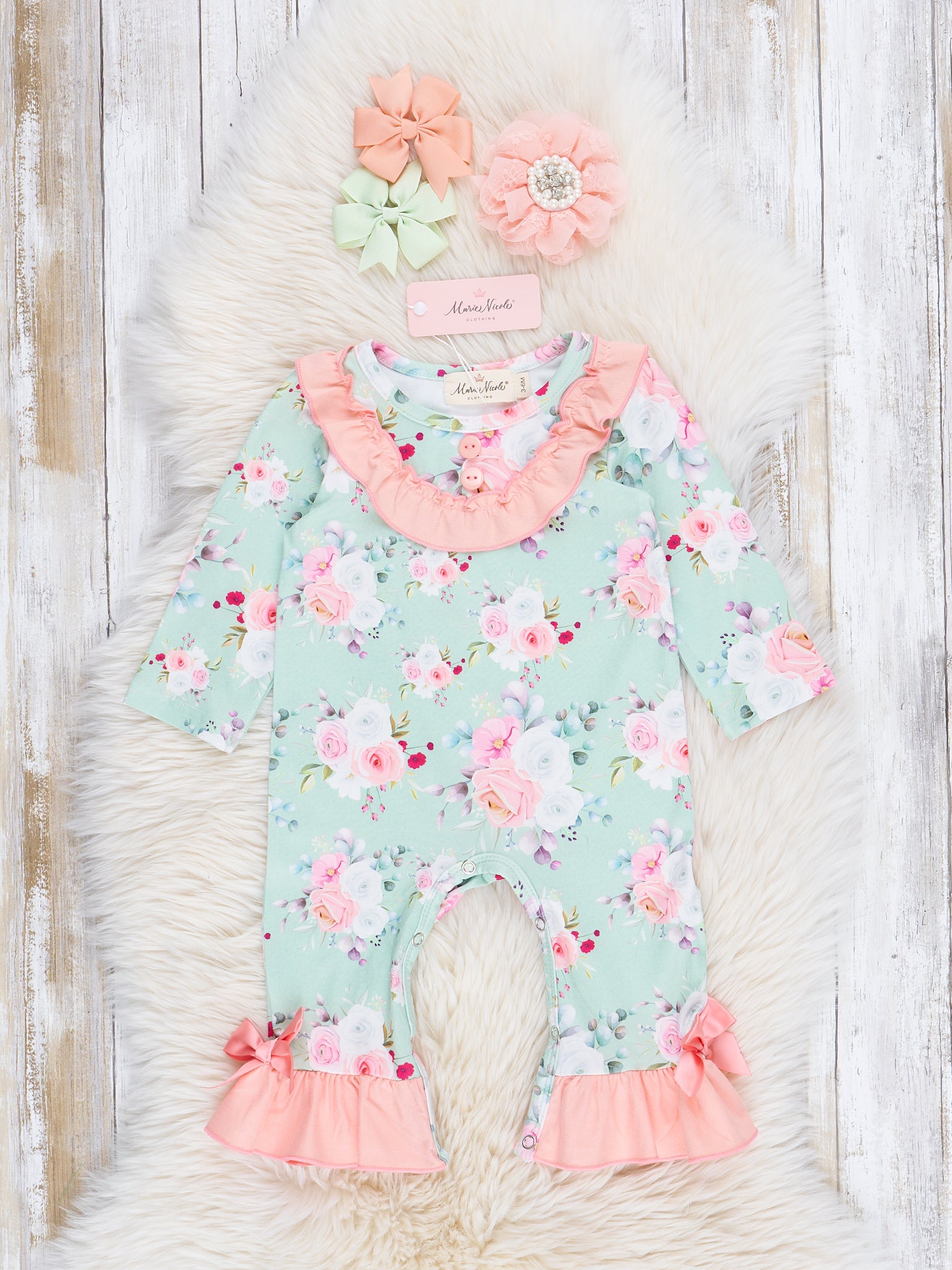 Coral & Green Rose Bouquet Ruffle Romper - Marie Nicole Clothing