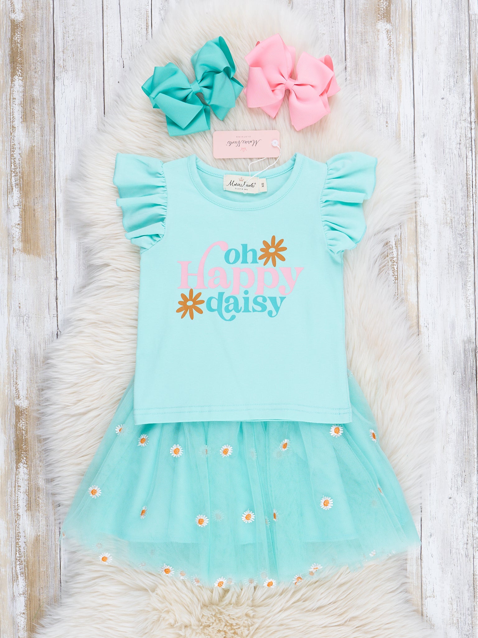 Teal Happy Daisy Outfit w/ Tulle Skirt - Marie Nicole Clothing