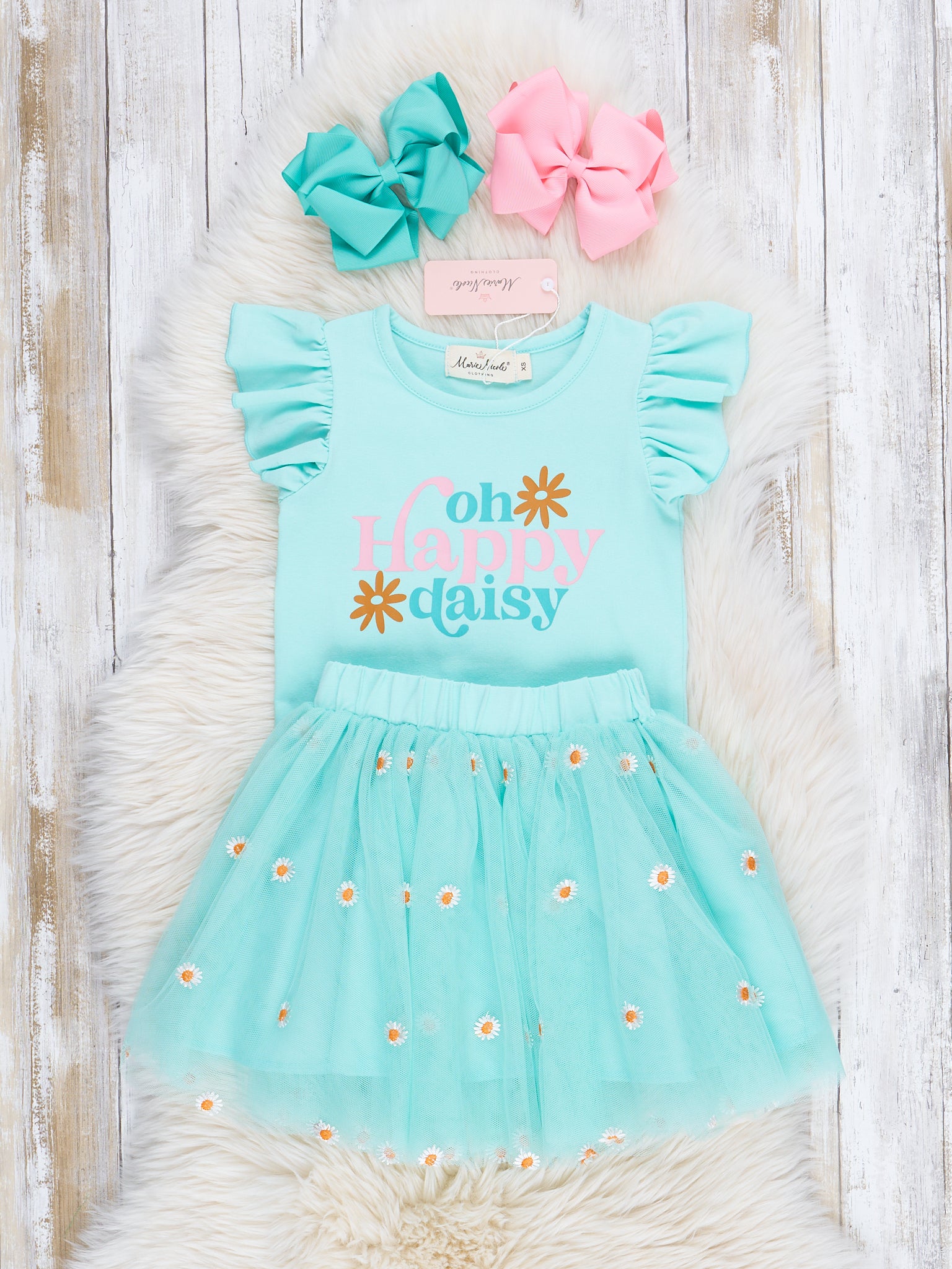 Teal Happy Daisy Outfit w/ Tulle Skirt - Marie Nicole Clothing