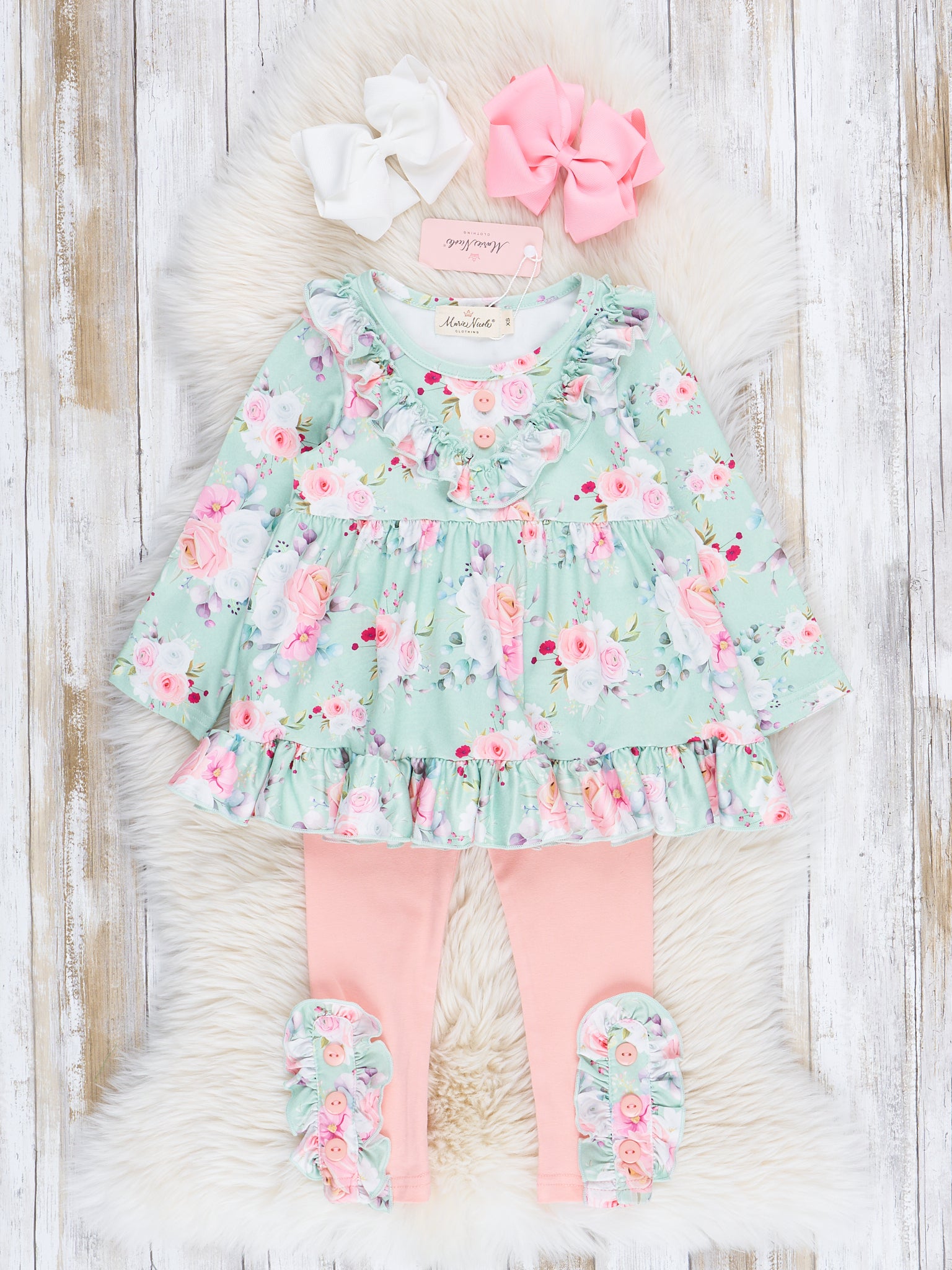 Coral & Green Rose Bouquet Ruffle Outfit - Marie Nicole Clothing