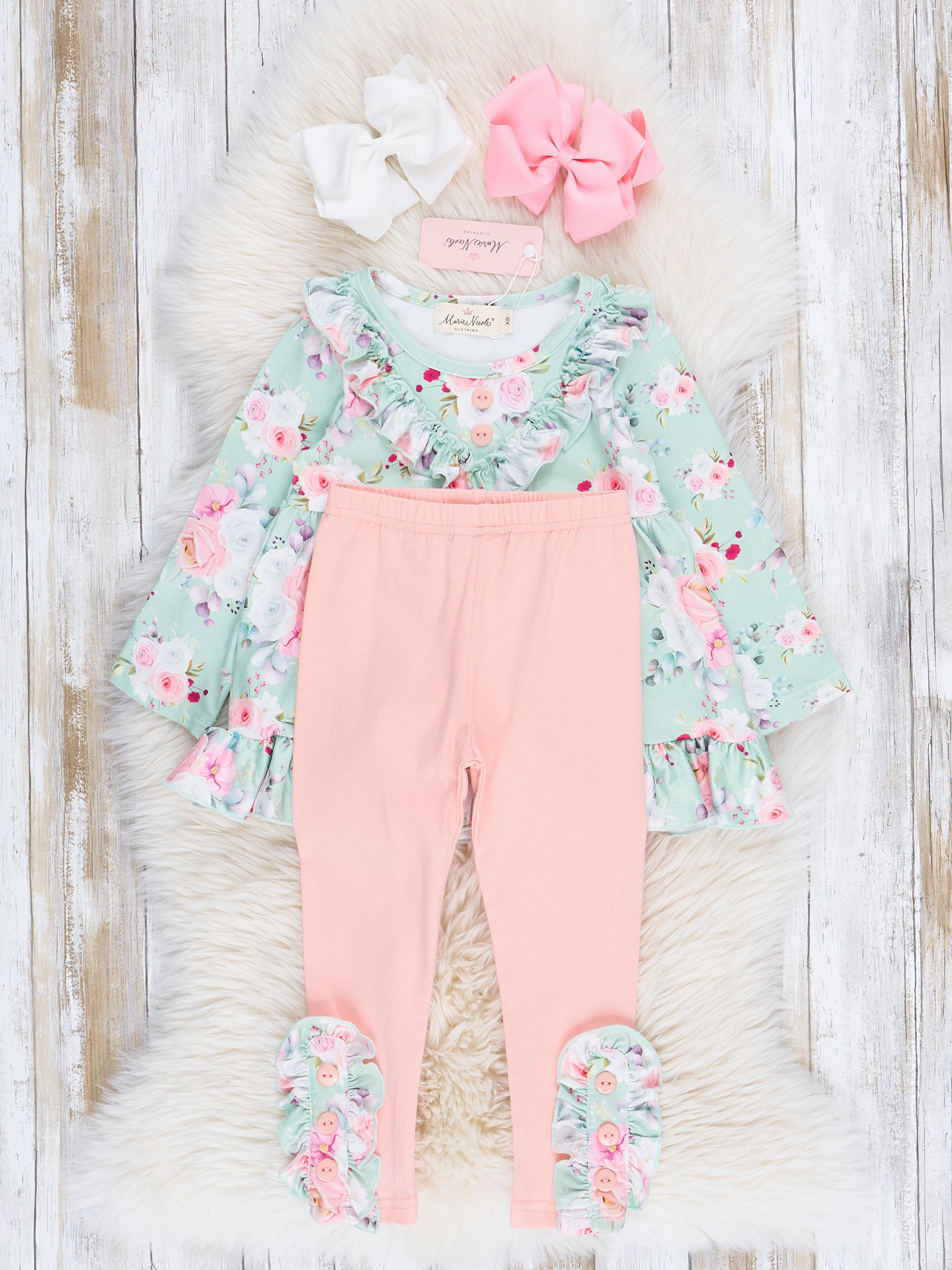 Coral & Green Rose Bouquet Ruffle Outfit - Marie Nicole Clothing